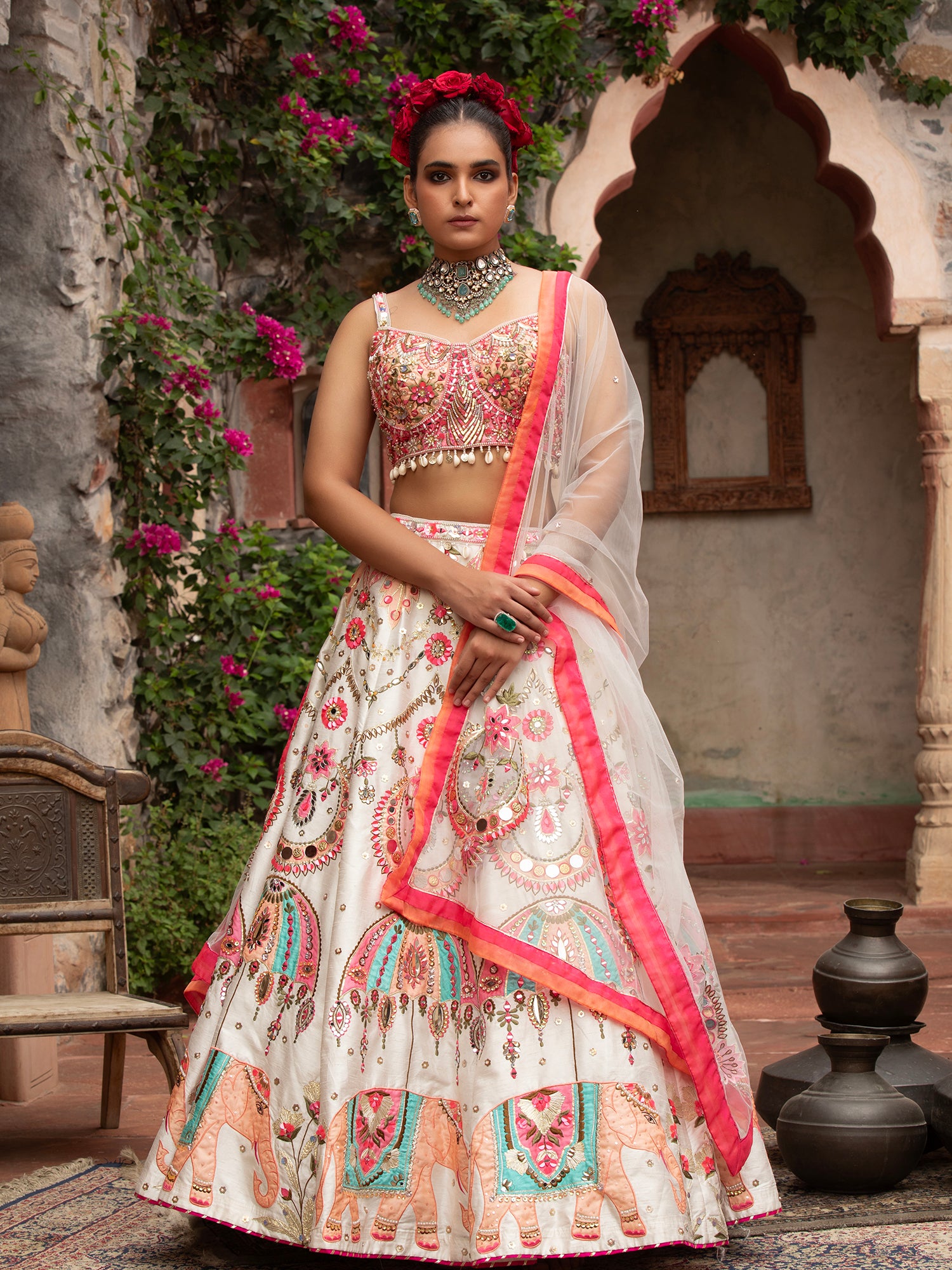 Silk Lehenga With Applique, Sequins & Beads Work