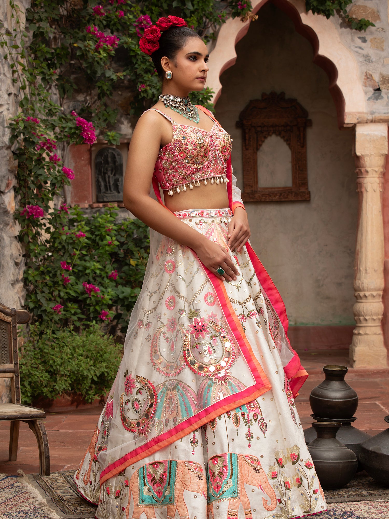 Silk Lehenga With Applique, Sequins & Beads Work