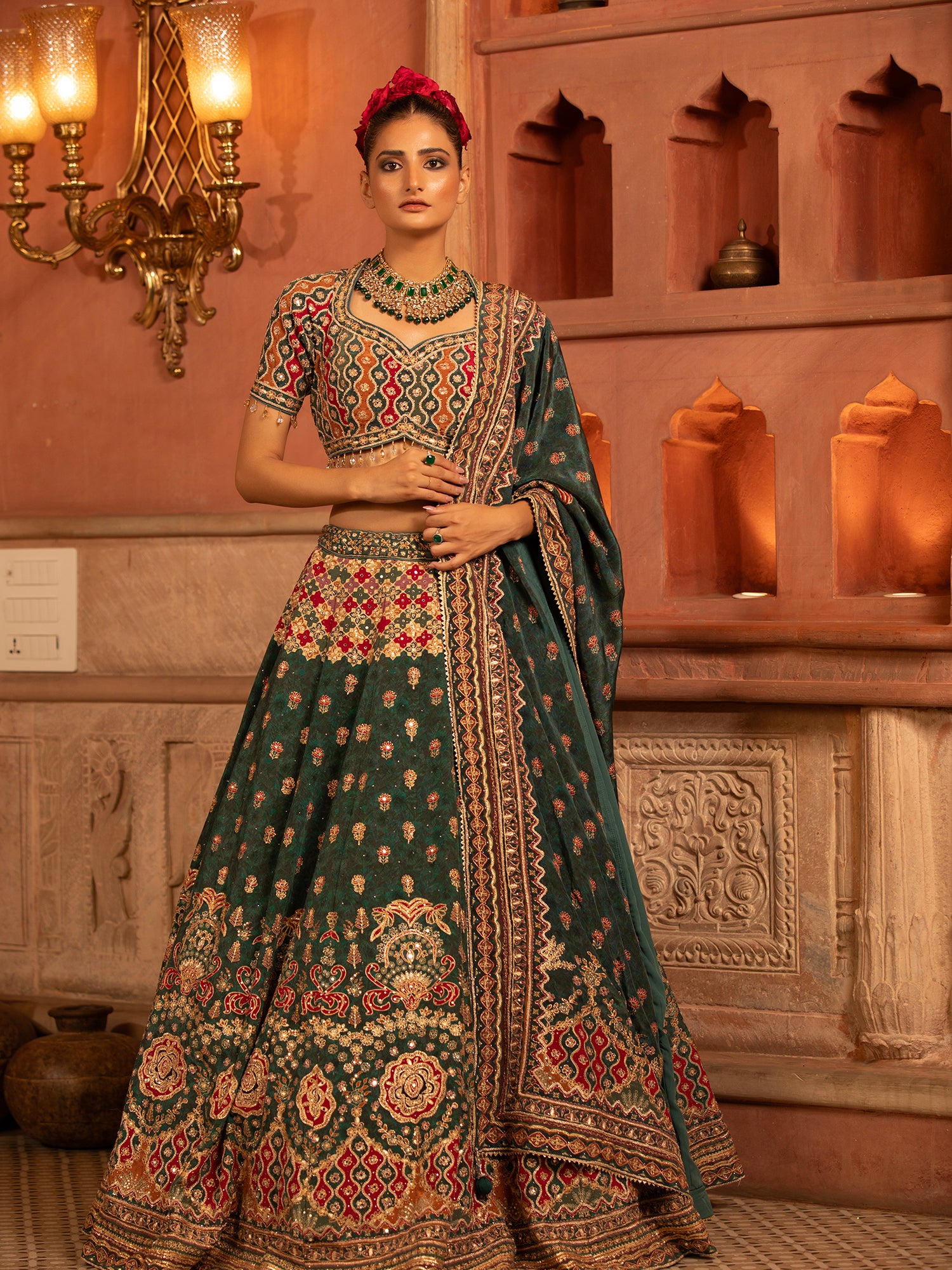 Elegant Dark Green Georgette Bridal Lehenga