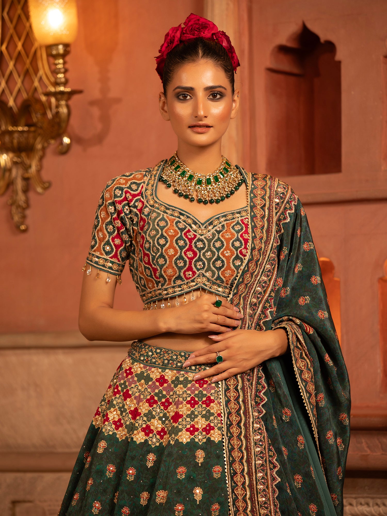 Elegant Dark Green Georgette Bridal Lehenga