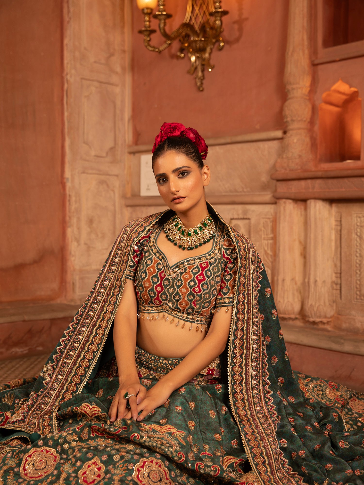 Elegant Dark Green Georgette Bridal Lehenga