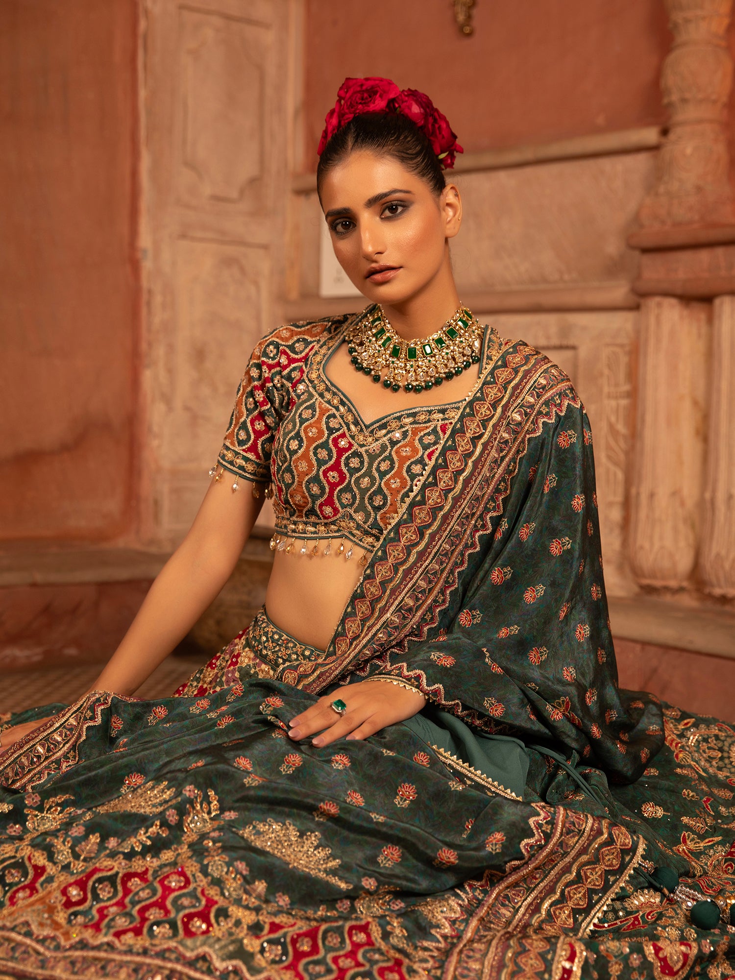 Elegant Dark Green Georgette Bridal Lehenga
