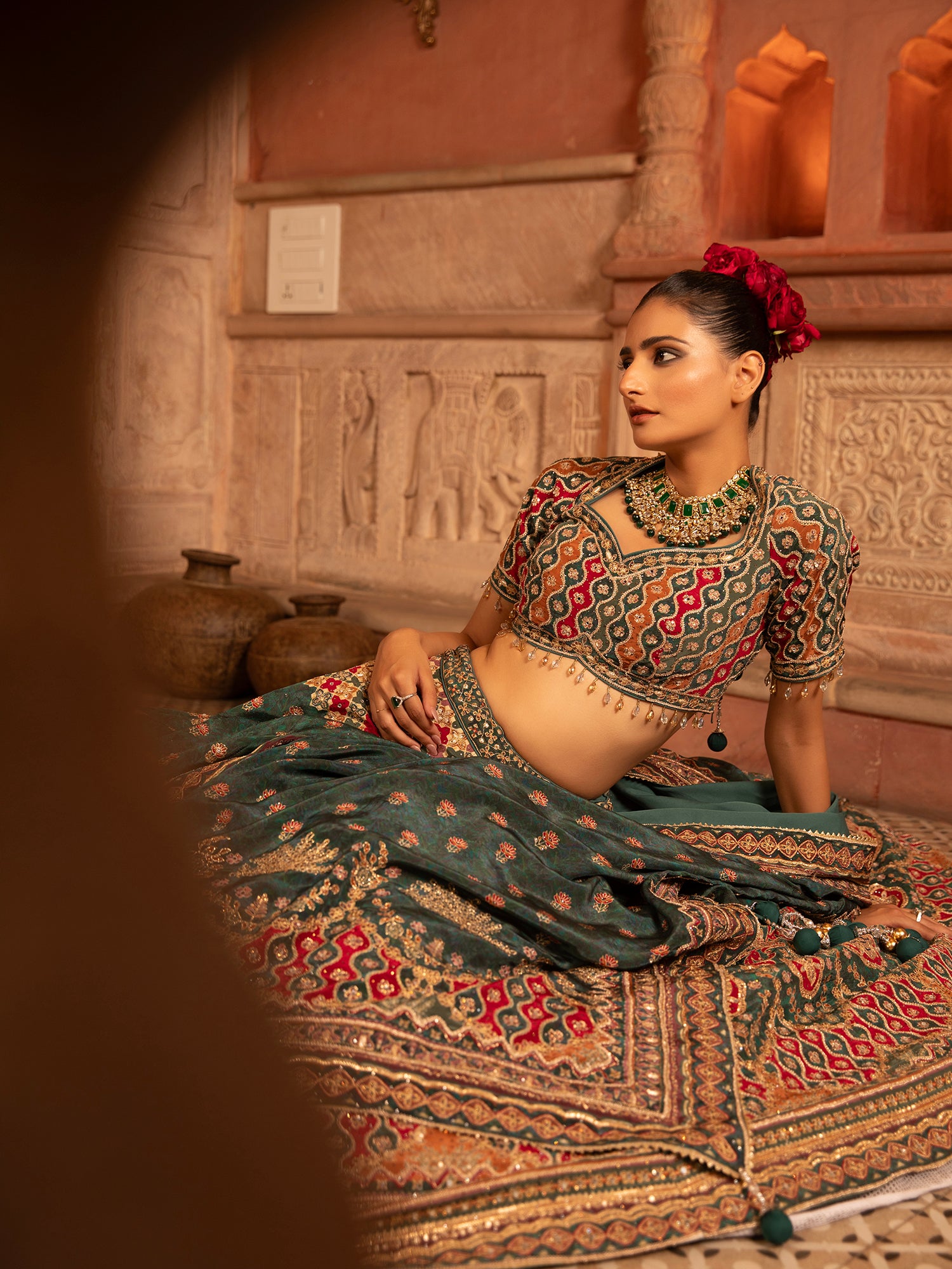 Elegant Dark Green Georgette Bridal Lehenga
