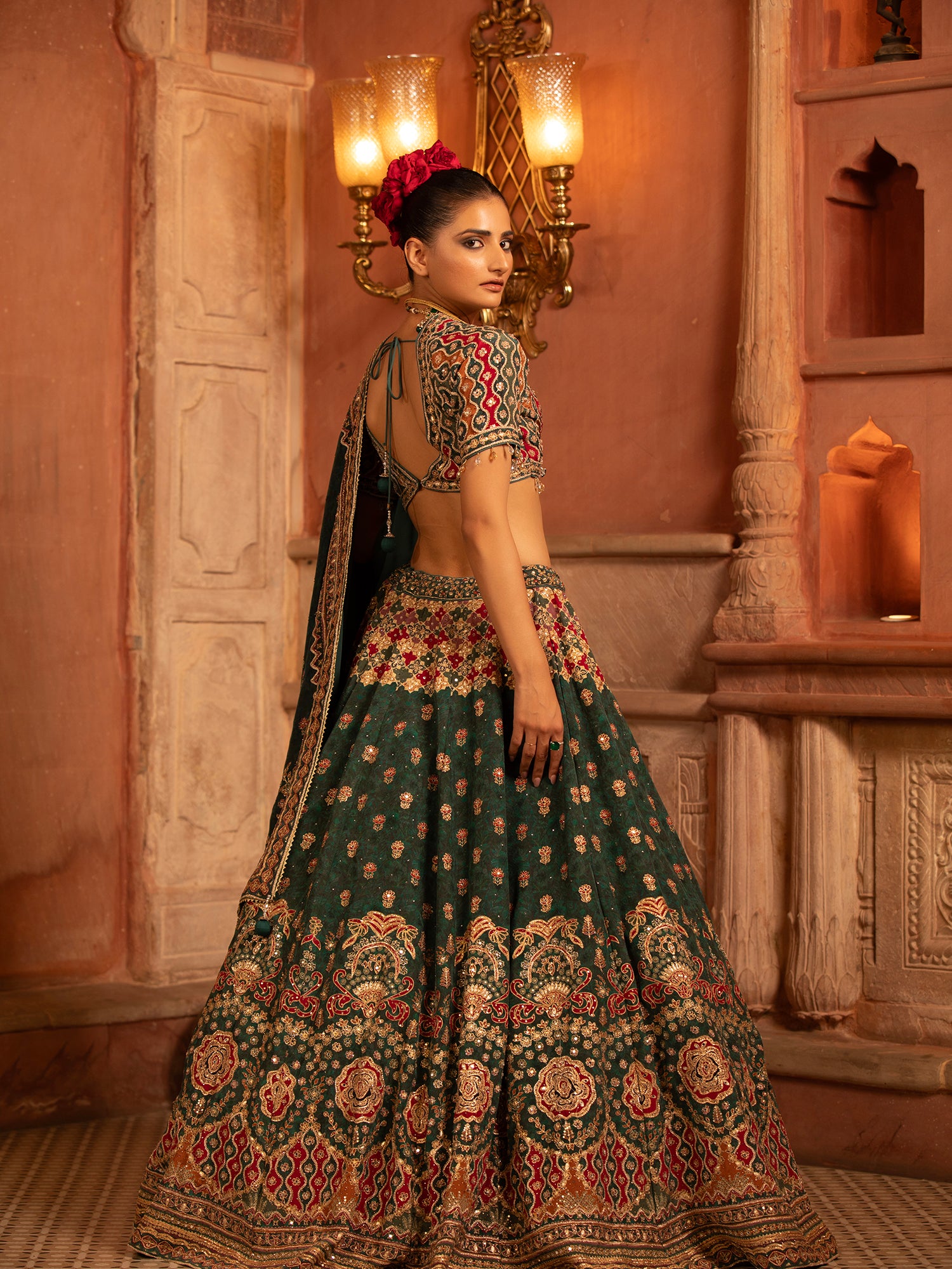 Elegant Dark Green Georgette Bridal Lehenga