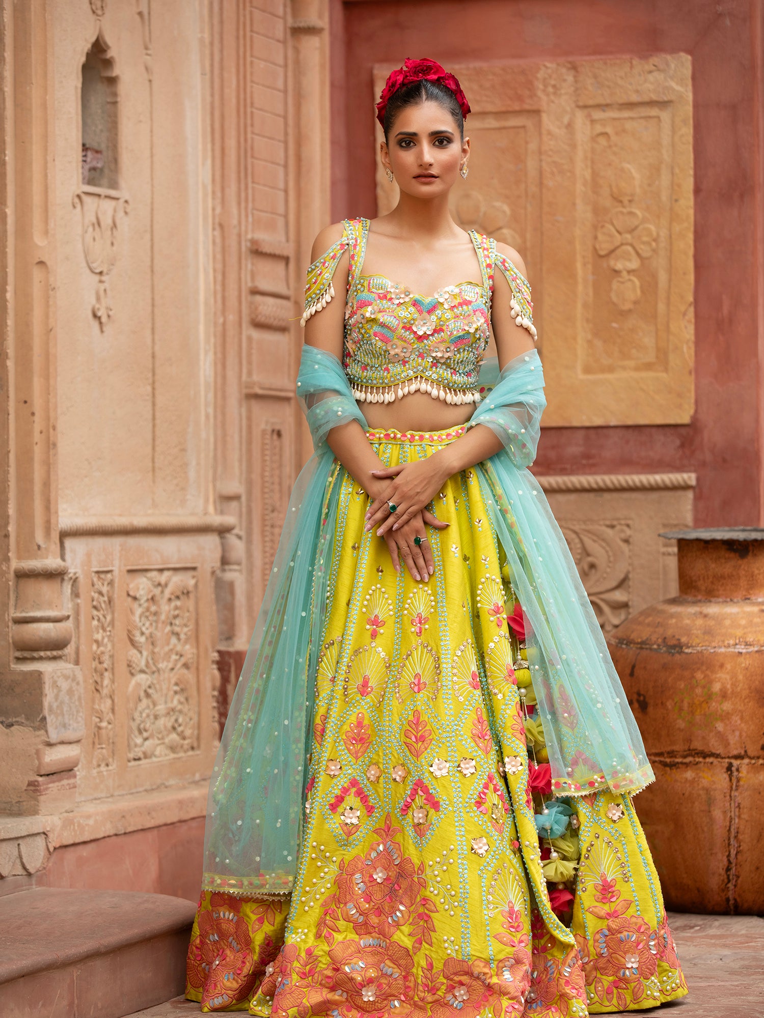 Yellow Silk Lehenga With Appliqué, Sequins Work