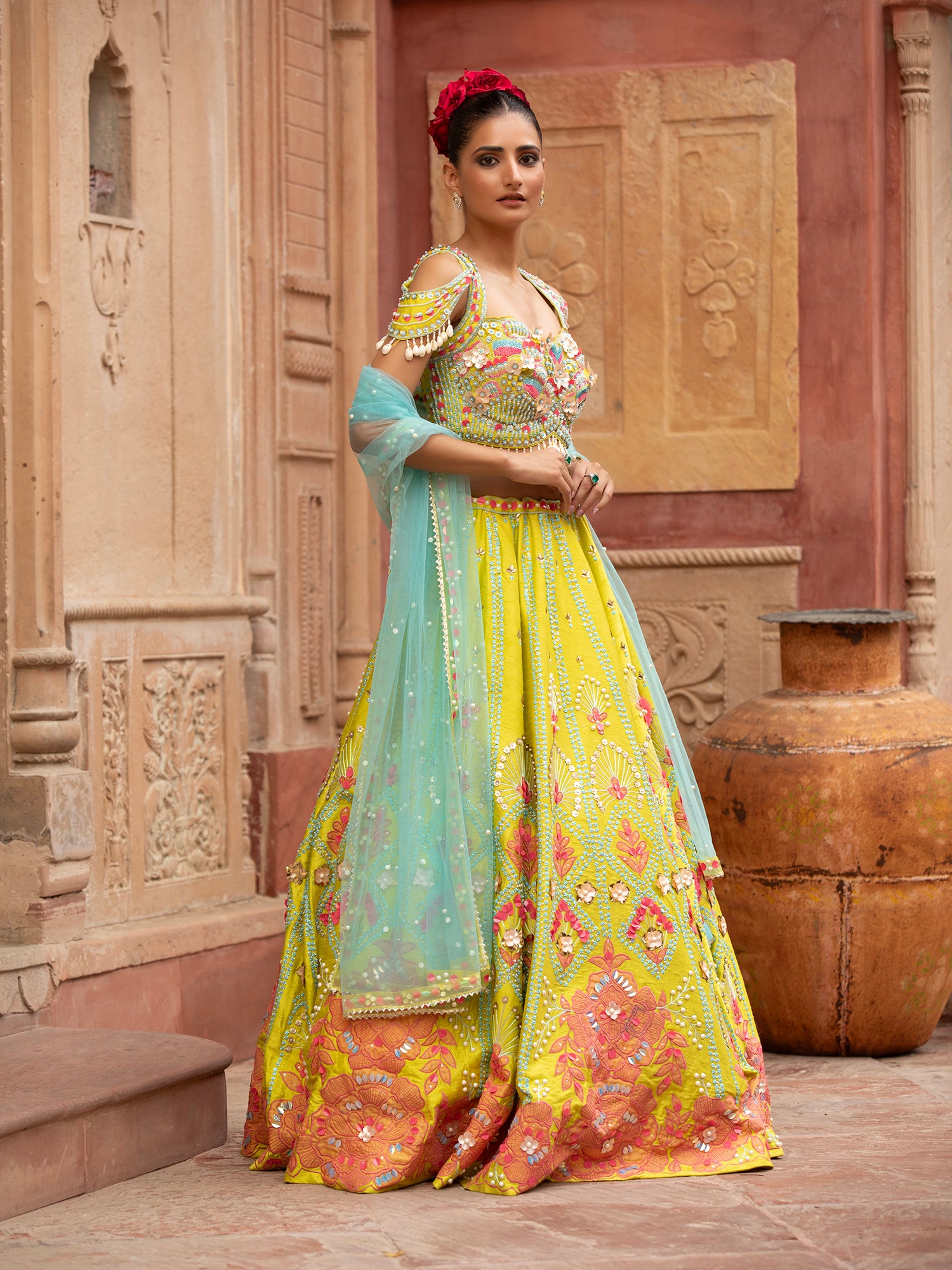 Yellow Silk Lehenga With Appliqué, Sequins Work
