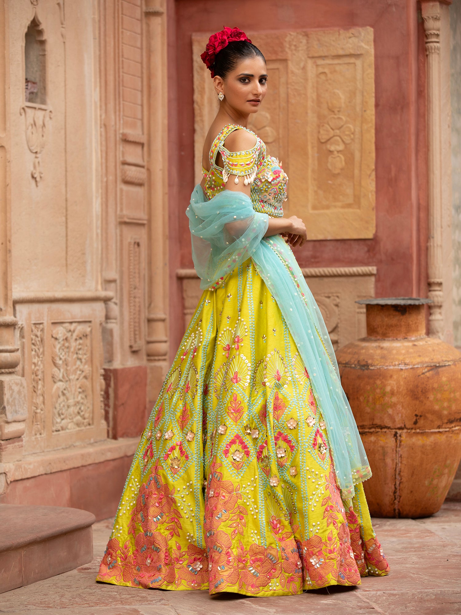 Yellow Silk Lehenga With Appliqué, Sequins Work