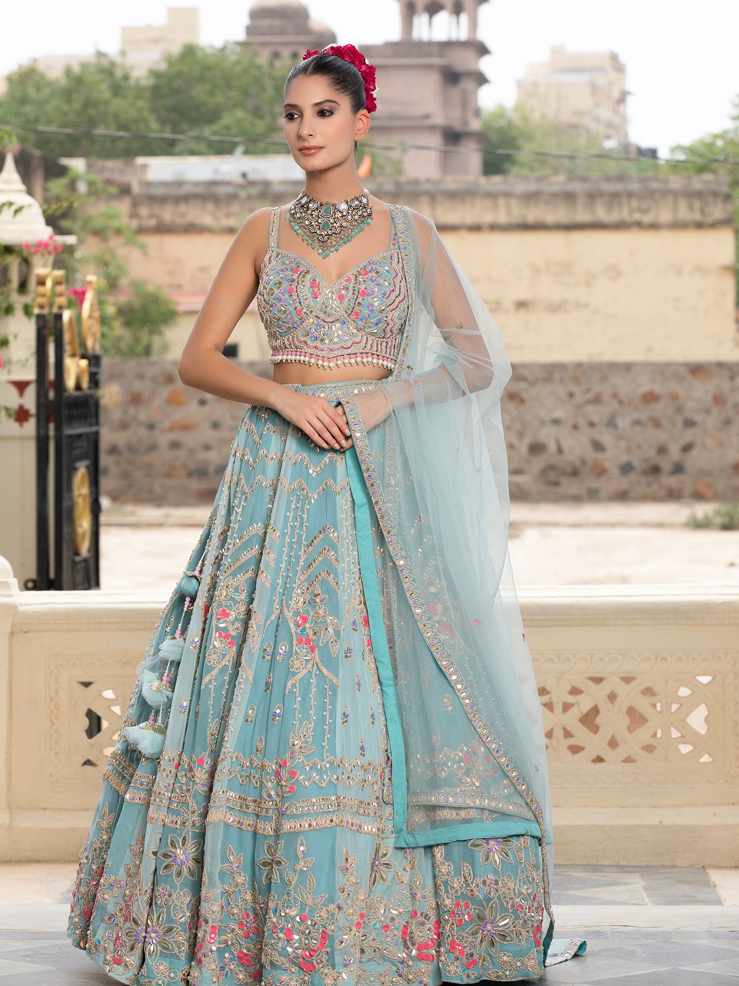 Sky Blue Net Lehenga With Handcrafted Appliqué