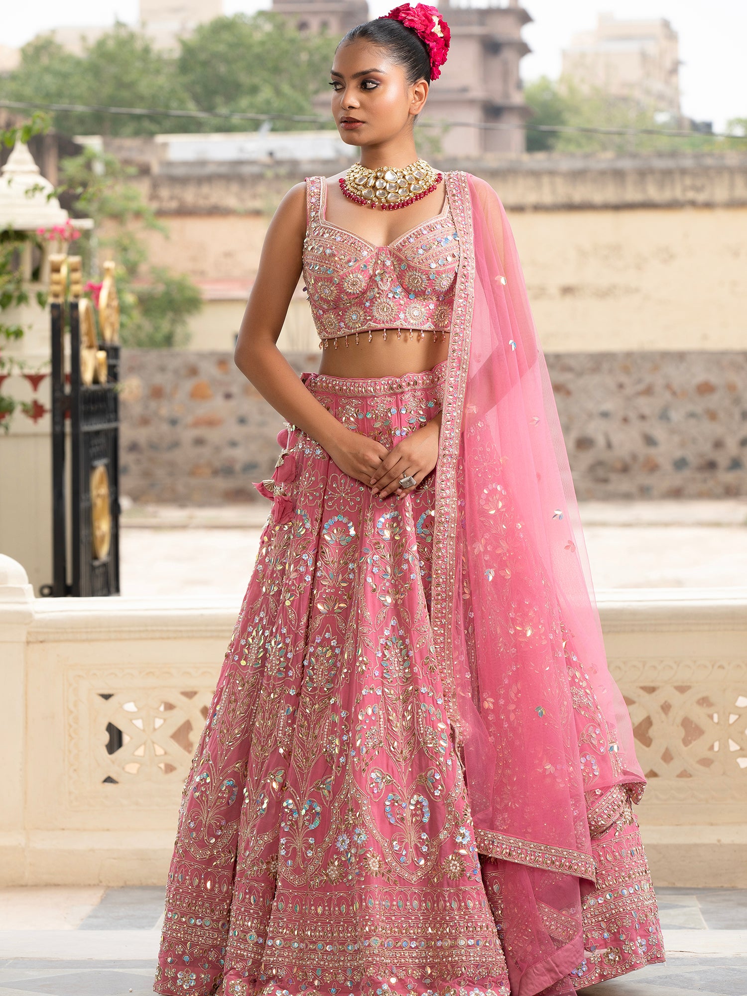 Designer Peach Pink Georgette Lehenga