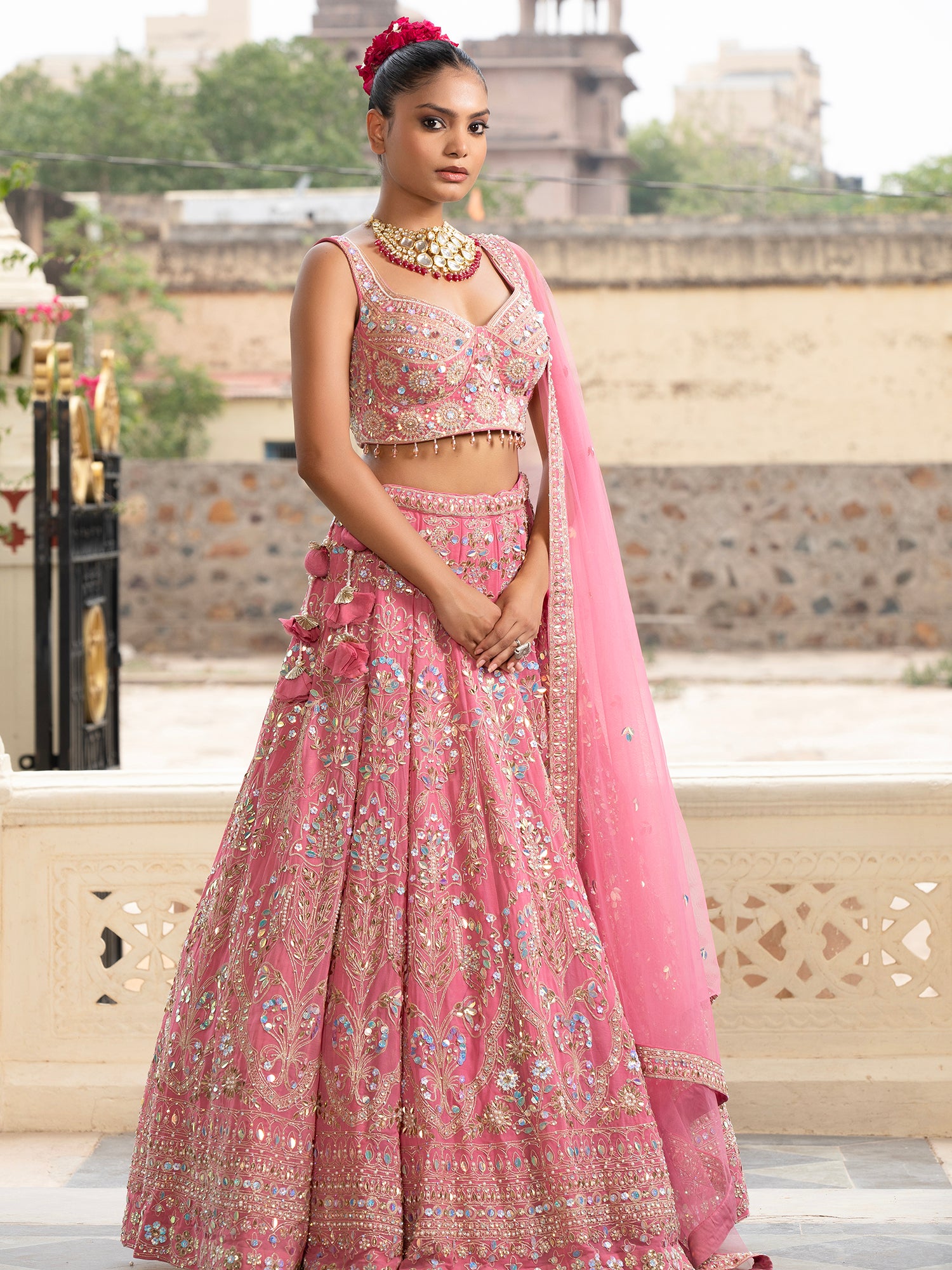 Designer Peach Pink Georgette Lehenga