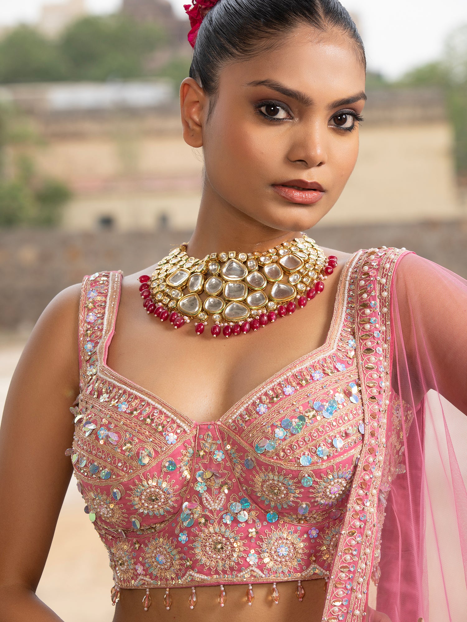 Designer Peach Pink Georgette Lehenga