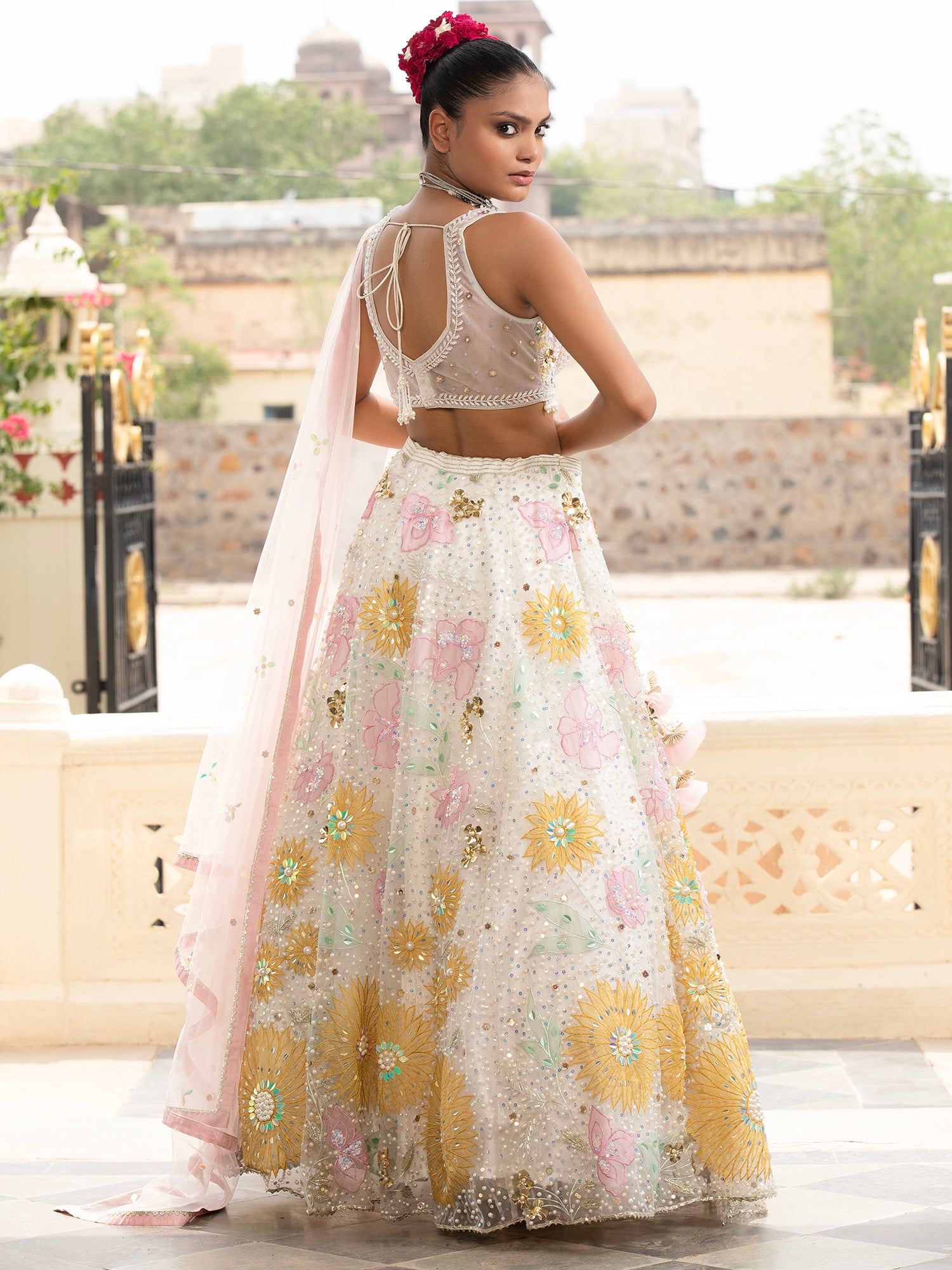 Off-White Net Lehenga With Sequins