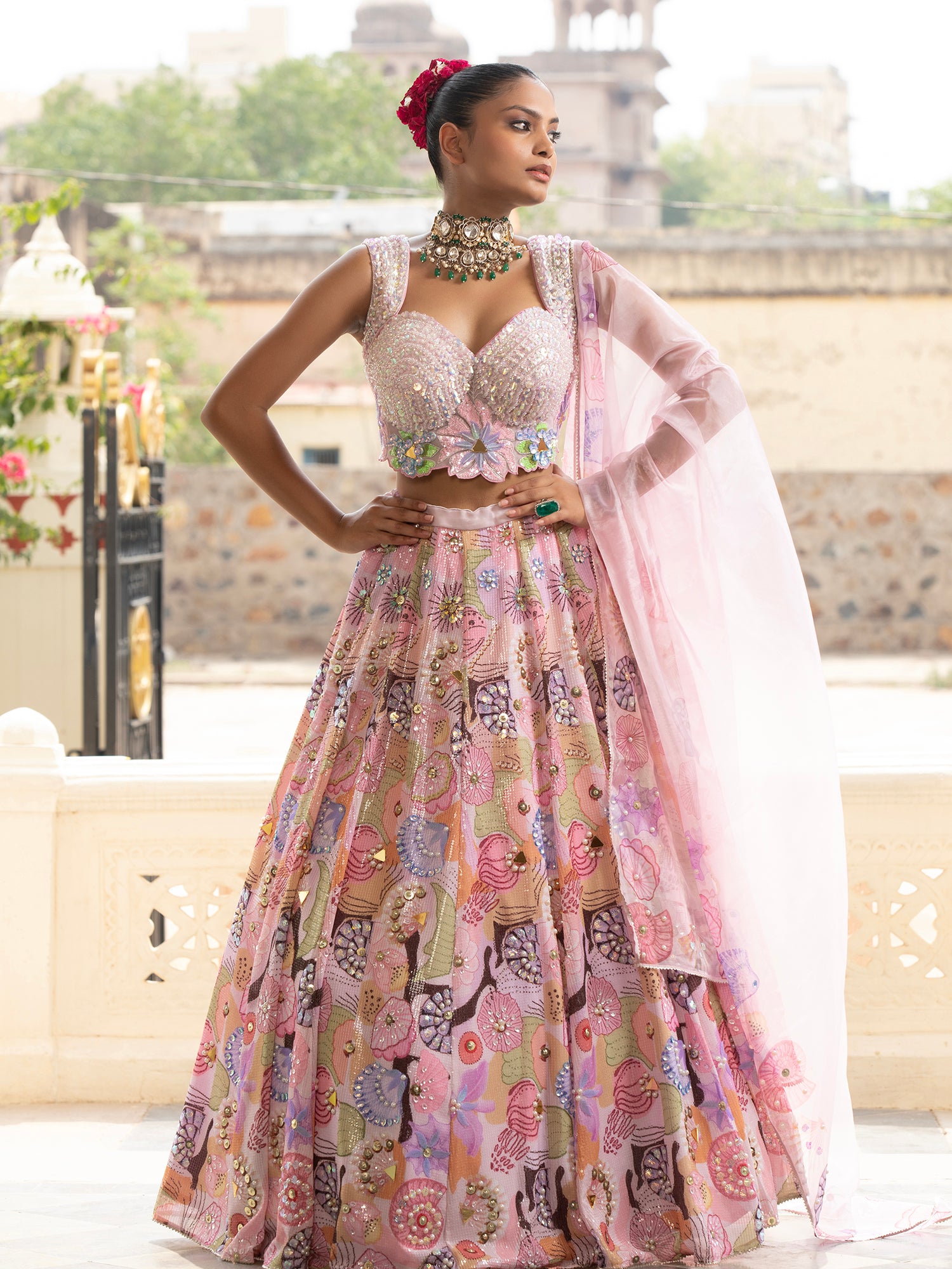 Silk Multicolor Lehenga With Bead