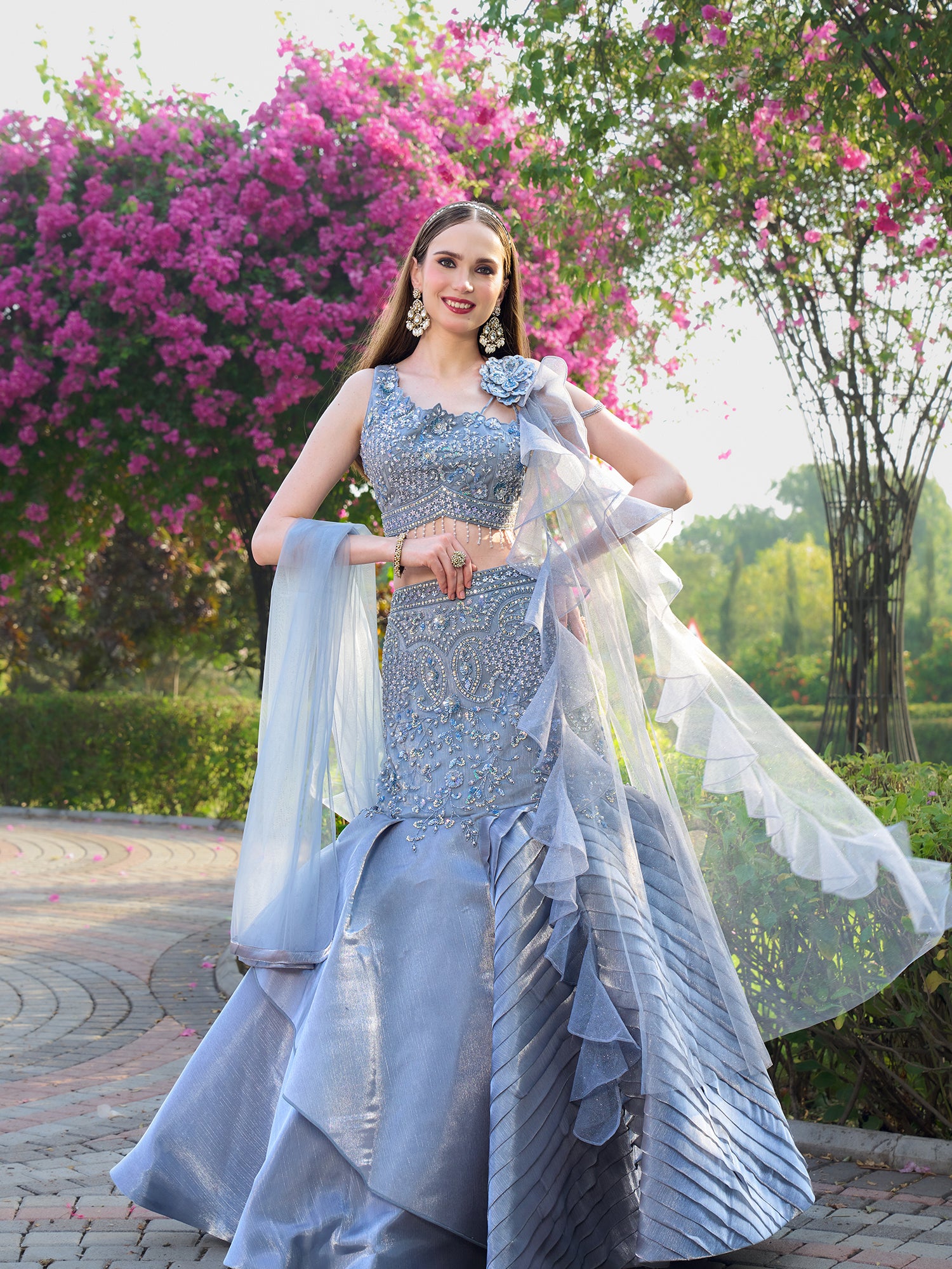 Silver Fish Cut Gown In Net With Sequins Beads And Mirror Handwork