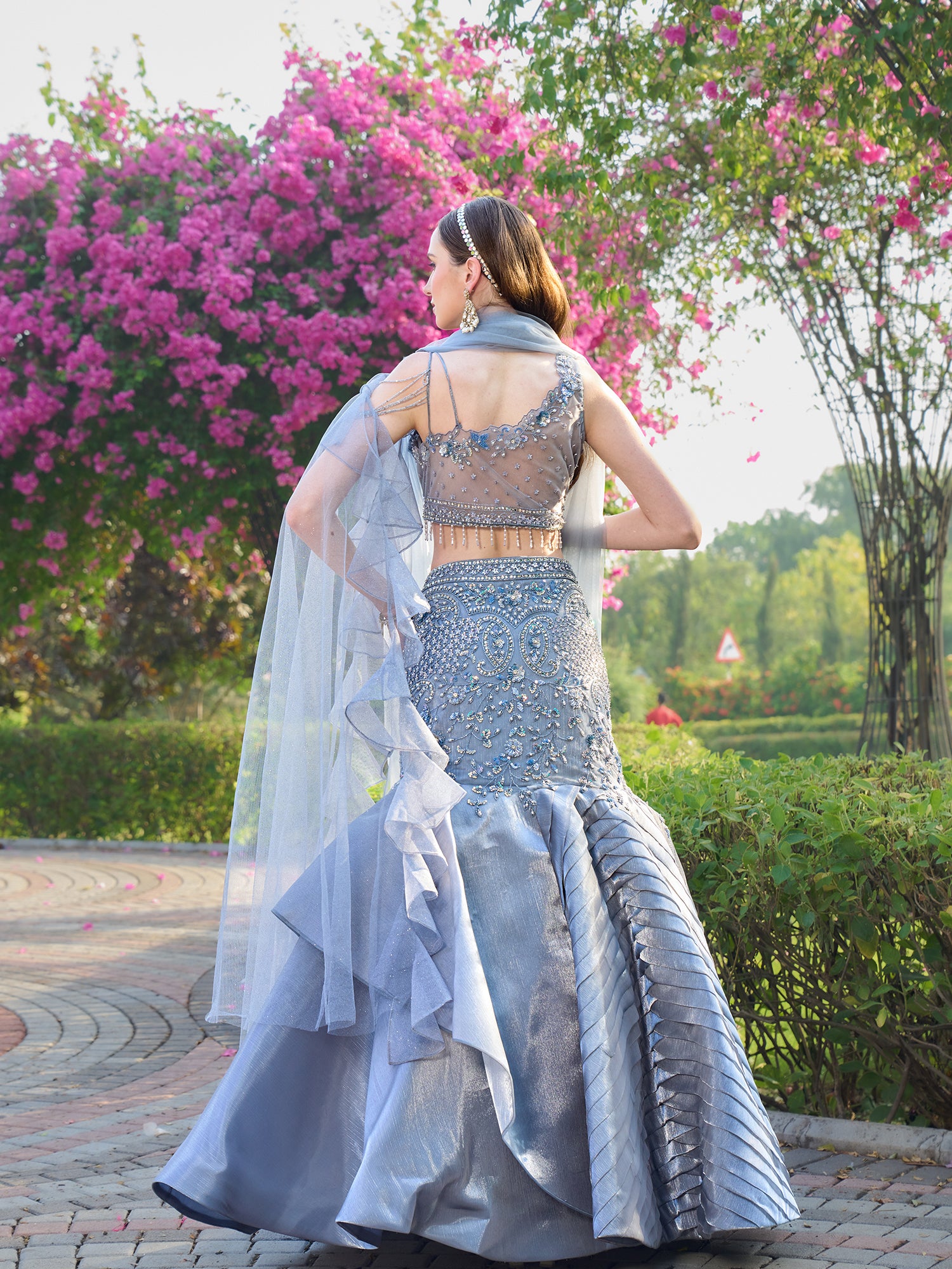 Silver Fish Cut Gown In Net With Sequins Beads And Mirror Handwork