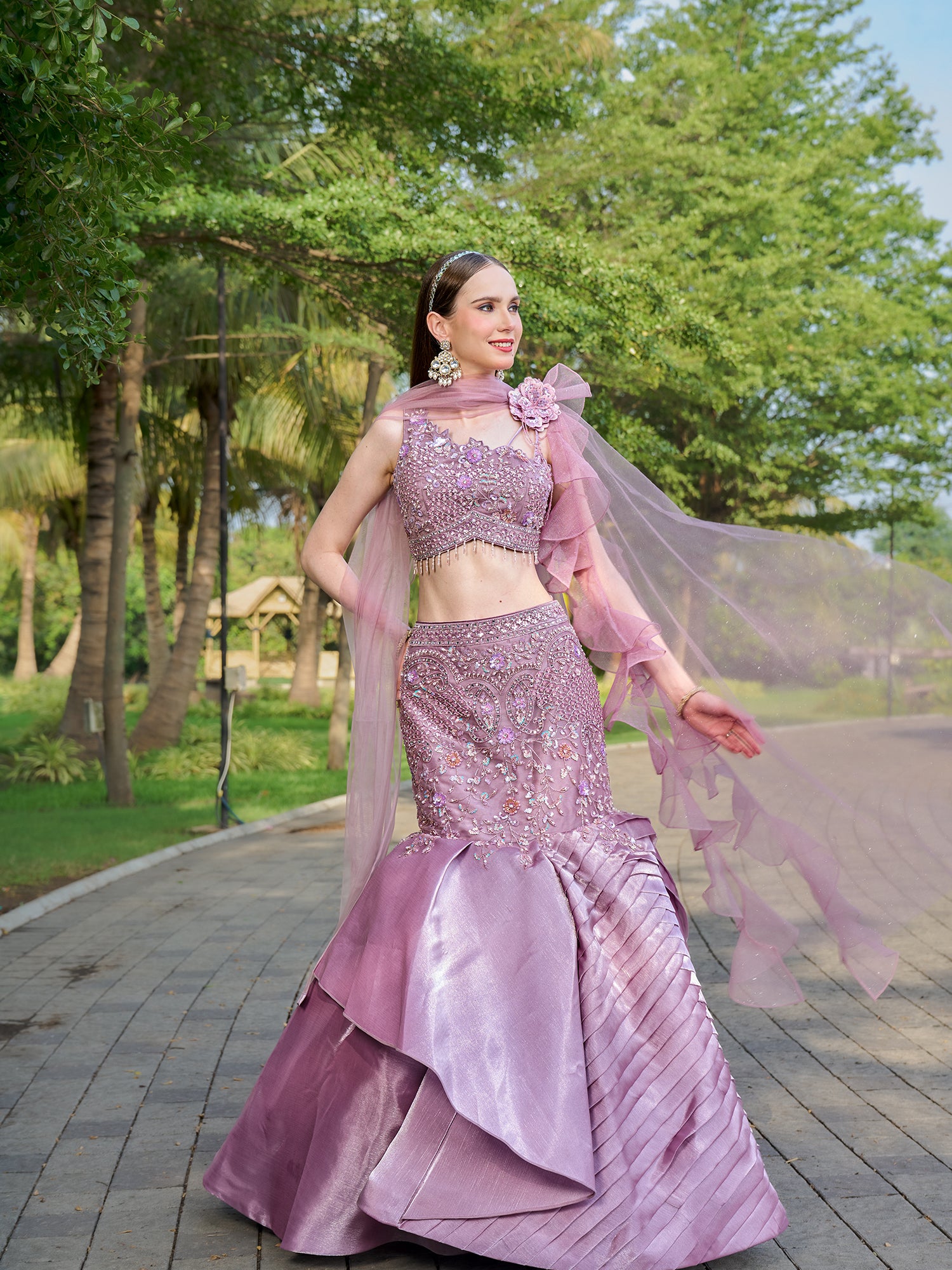 Fuchsia Pink Fish Cut Gown In Net Fabric