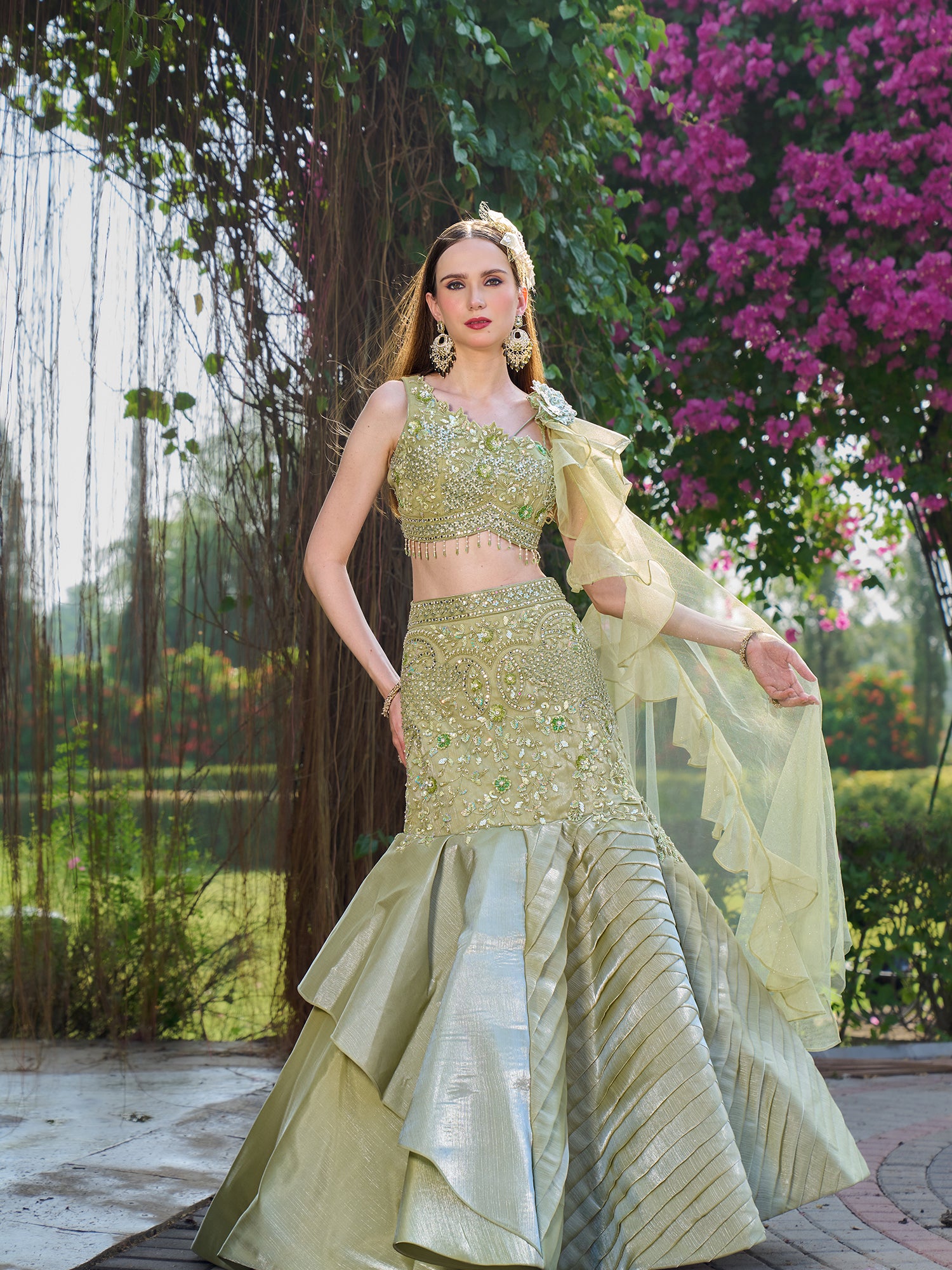 Pista Green Fish Cut Gown In Net Fabric