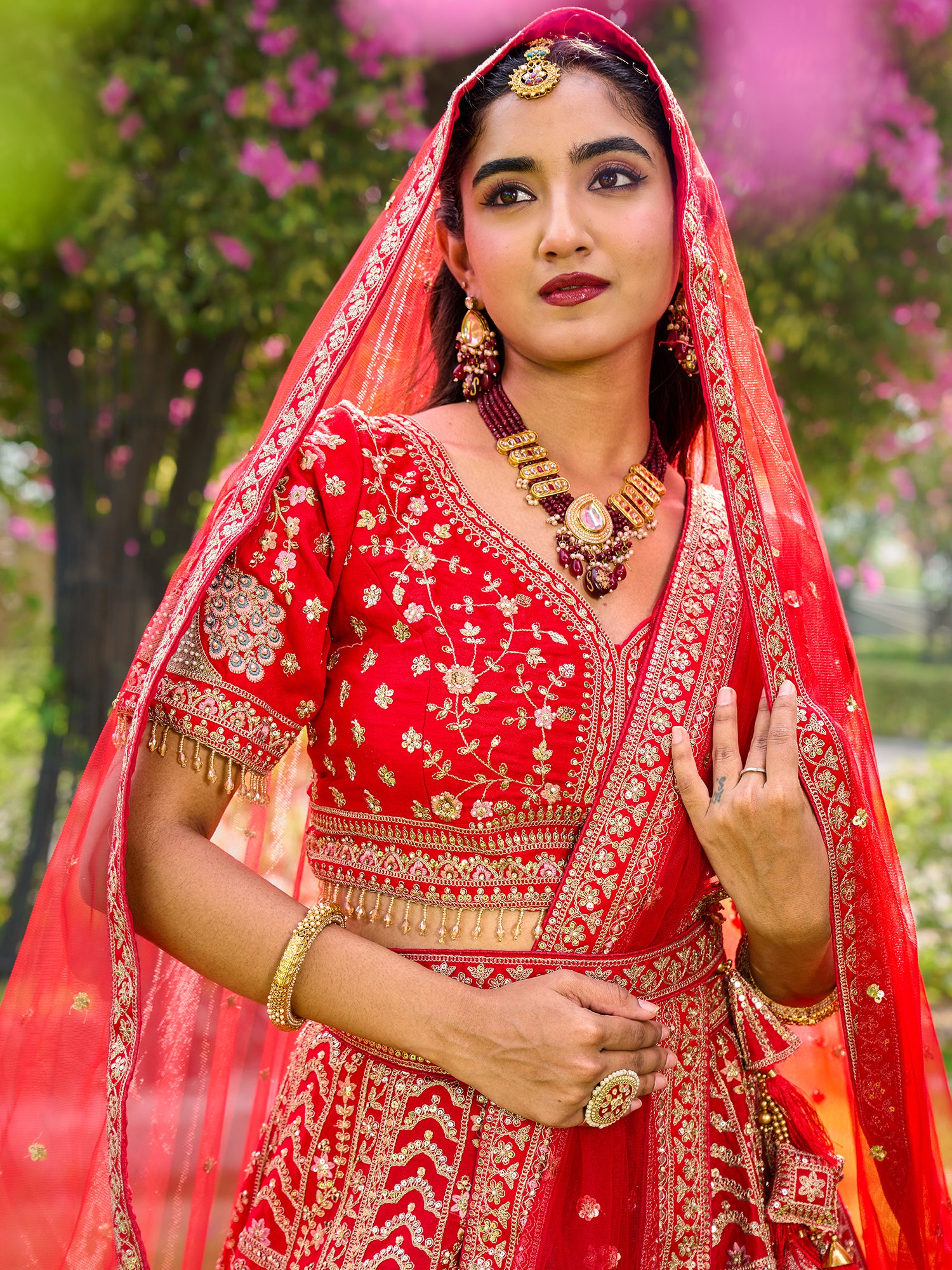 Red Bridal Lehenga In Silk With Embroidery And Sequins Work