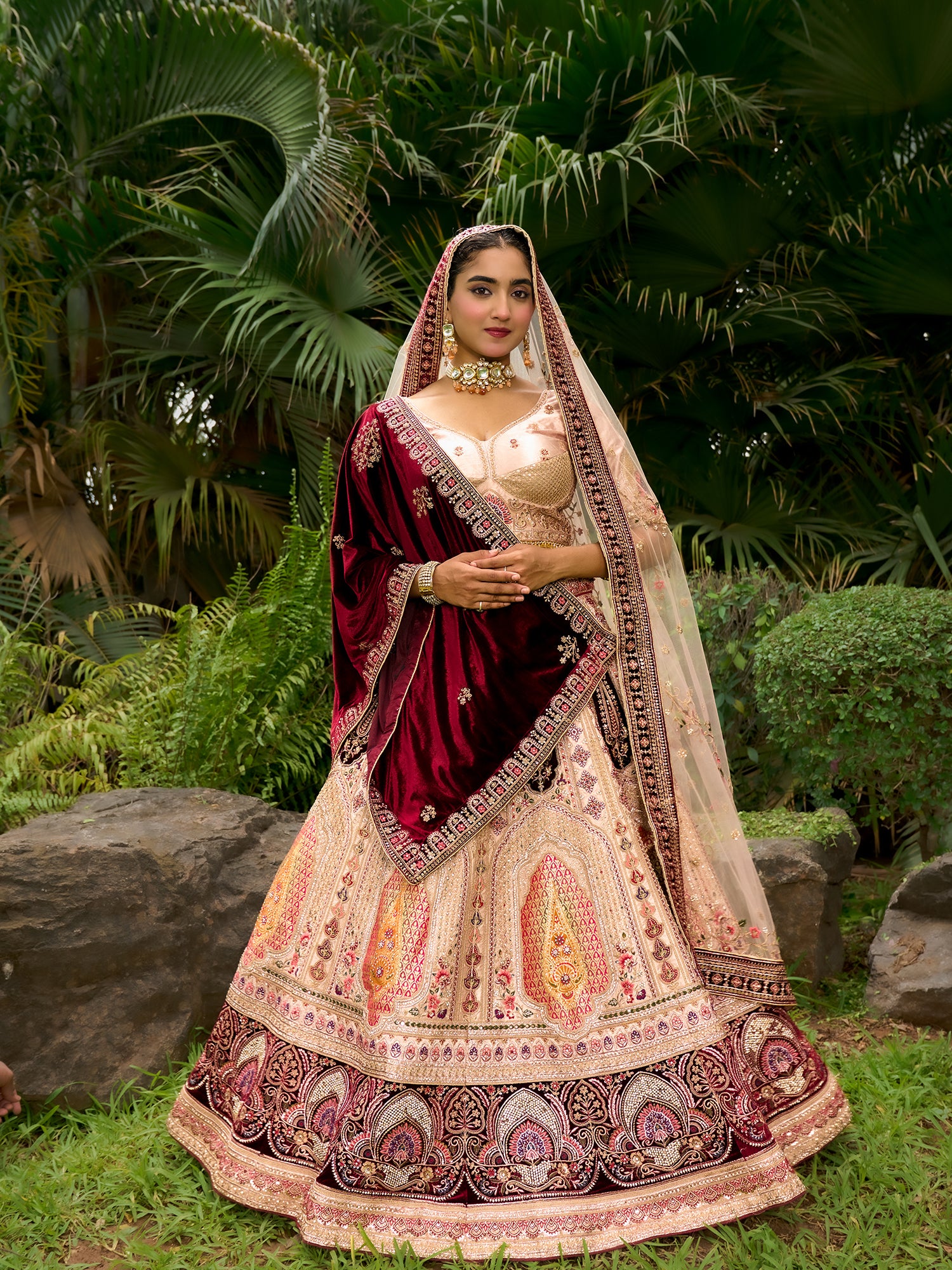 Pink And Maroon Silk Velvet Lehenga With Jarkan