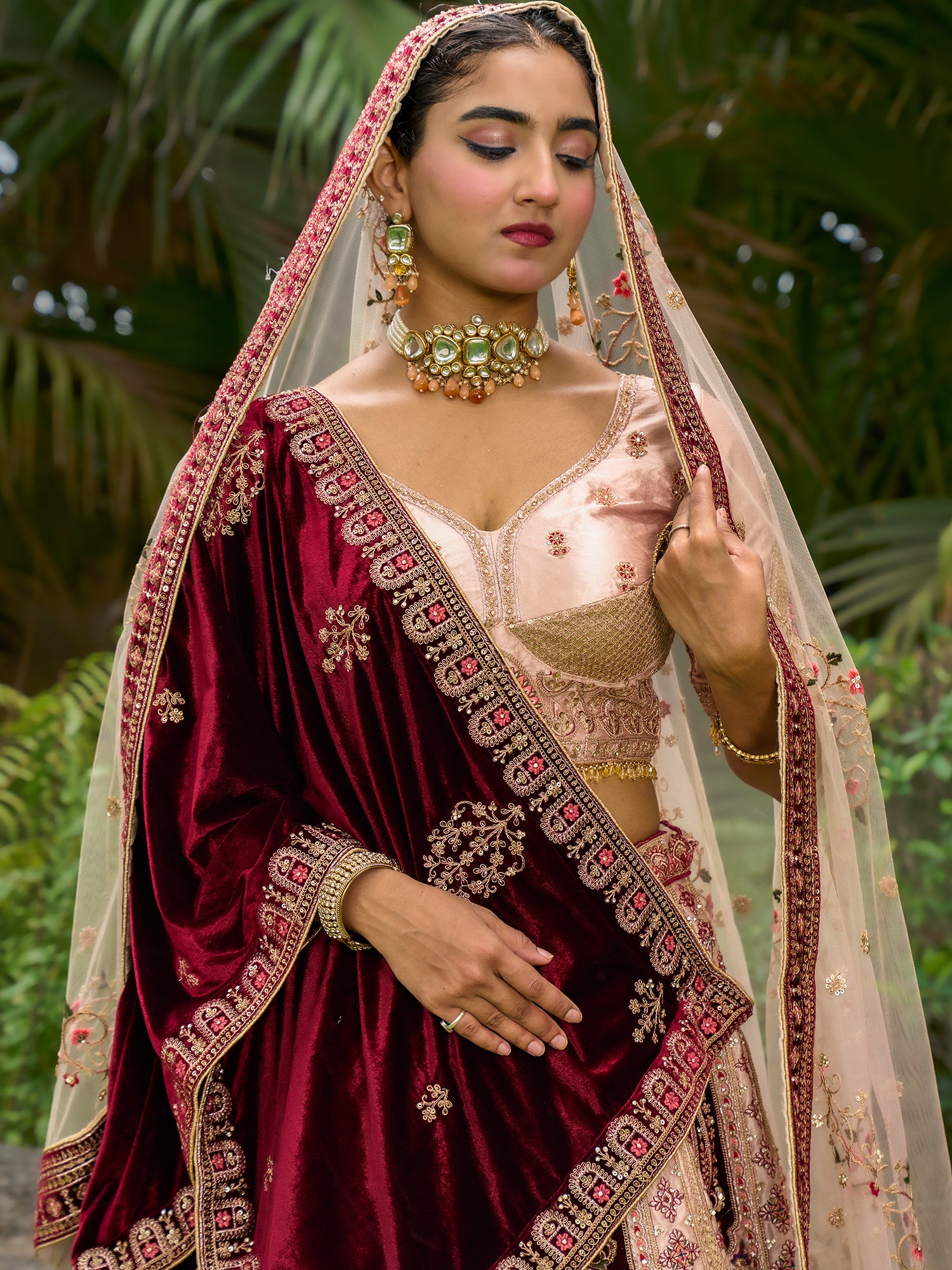 Pink And Maroon Silk Velvet Lehenga With Jarkan