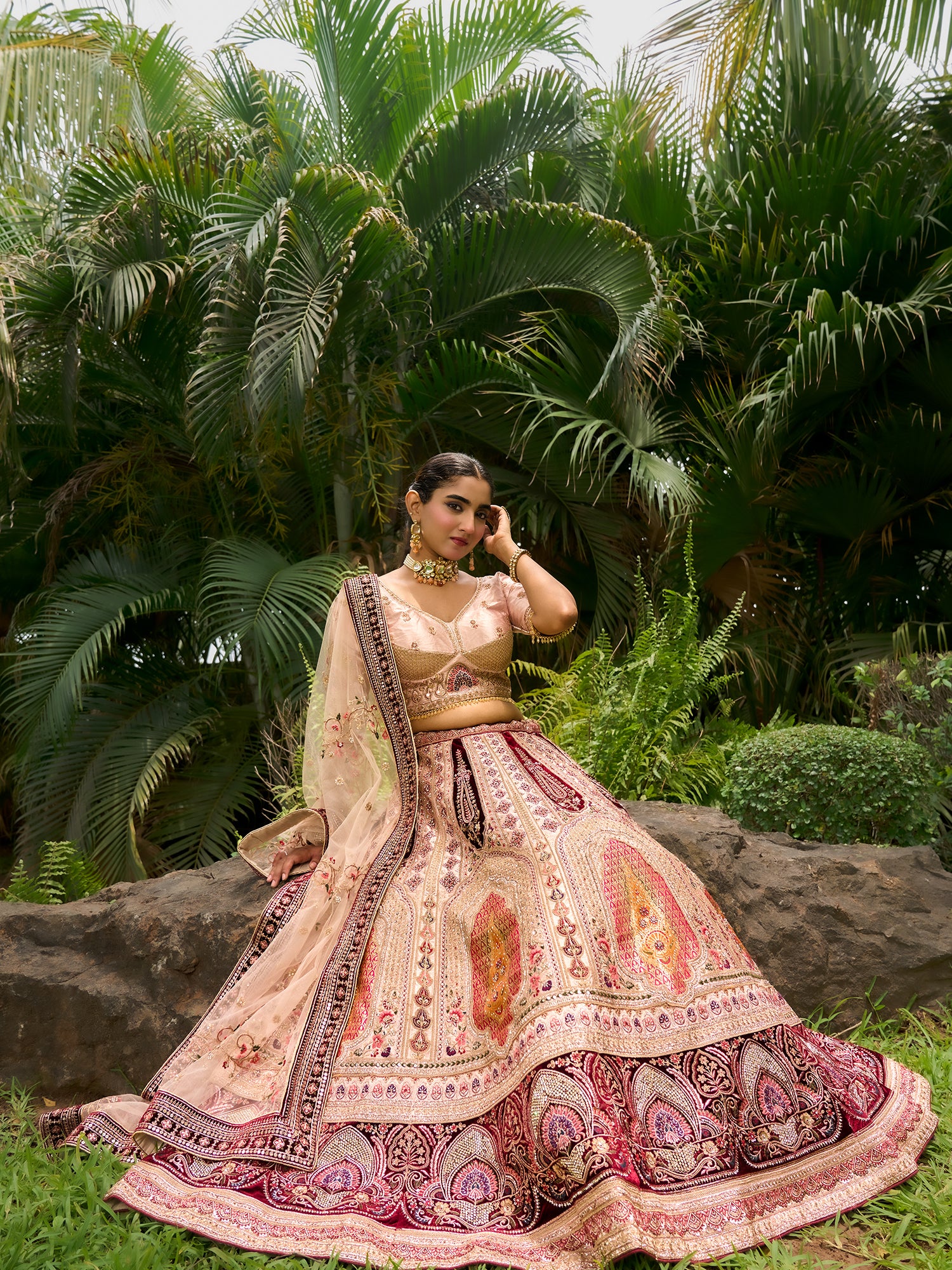 Pink And Maroon Silk Velvet Lehenga With Jarkan