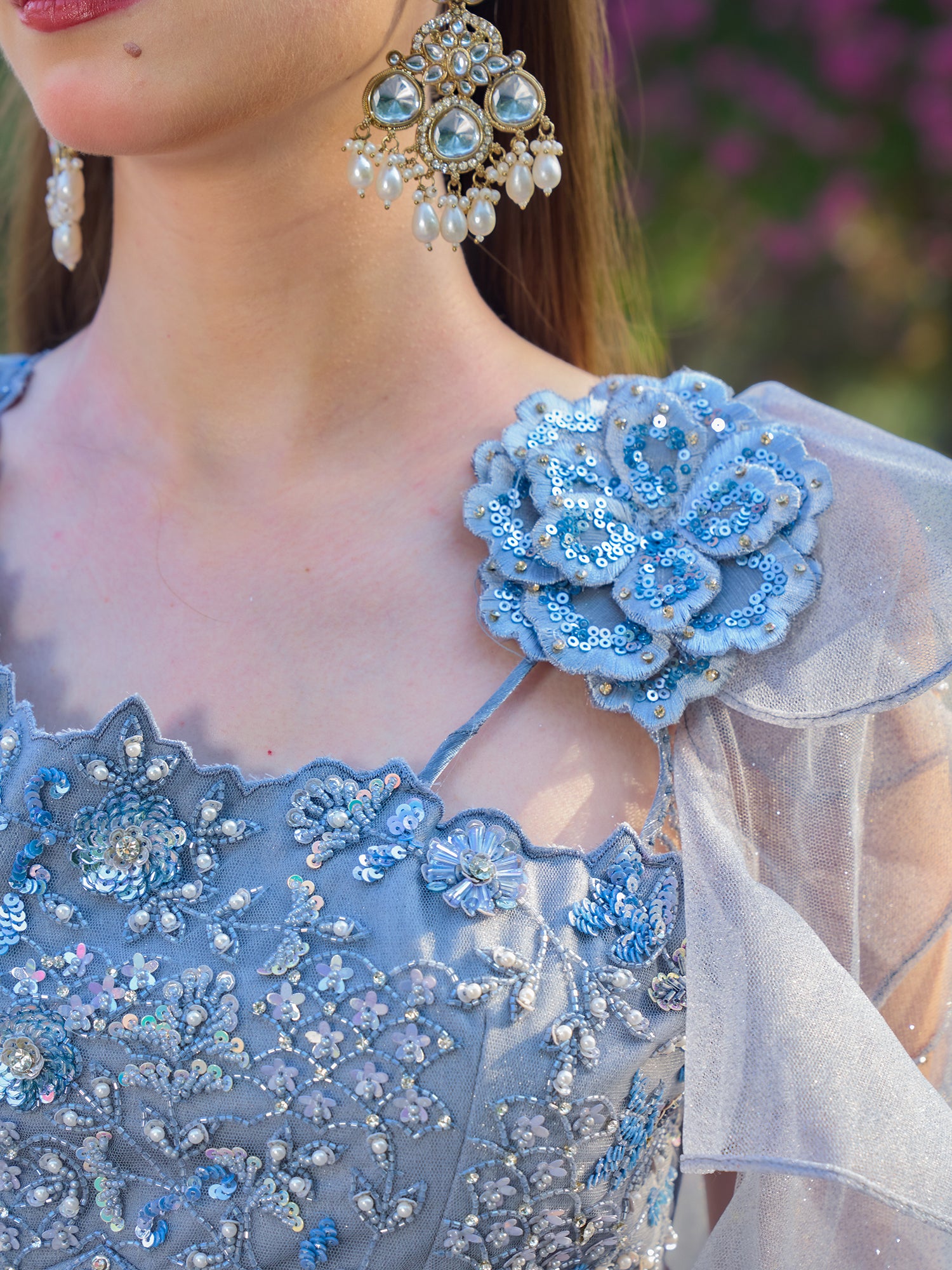 Silver Fish Cut Gown In Net With Sequins Beads And Mirror Handwork