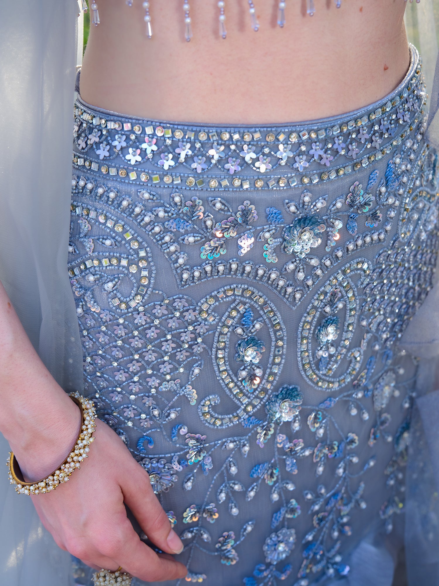 Silver Fish Cut Gown In Net With Sequins Beads And Mirror Handwork