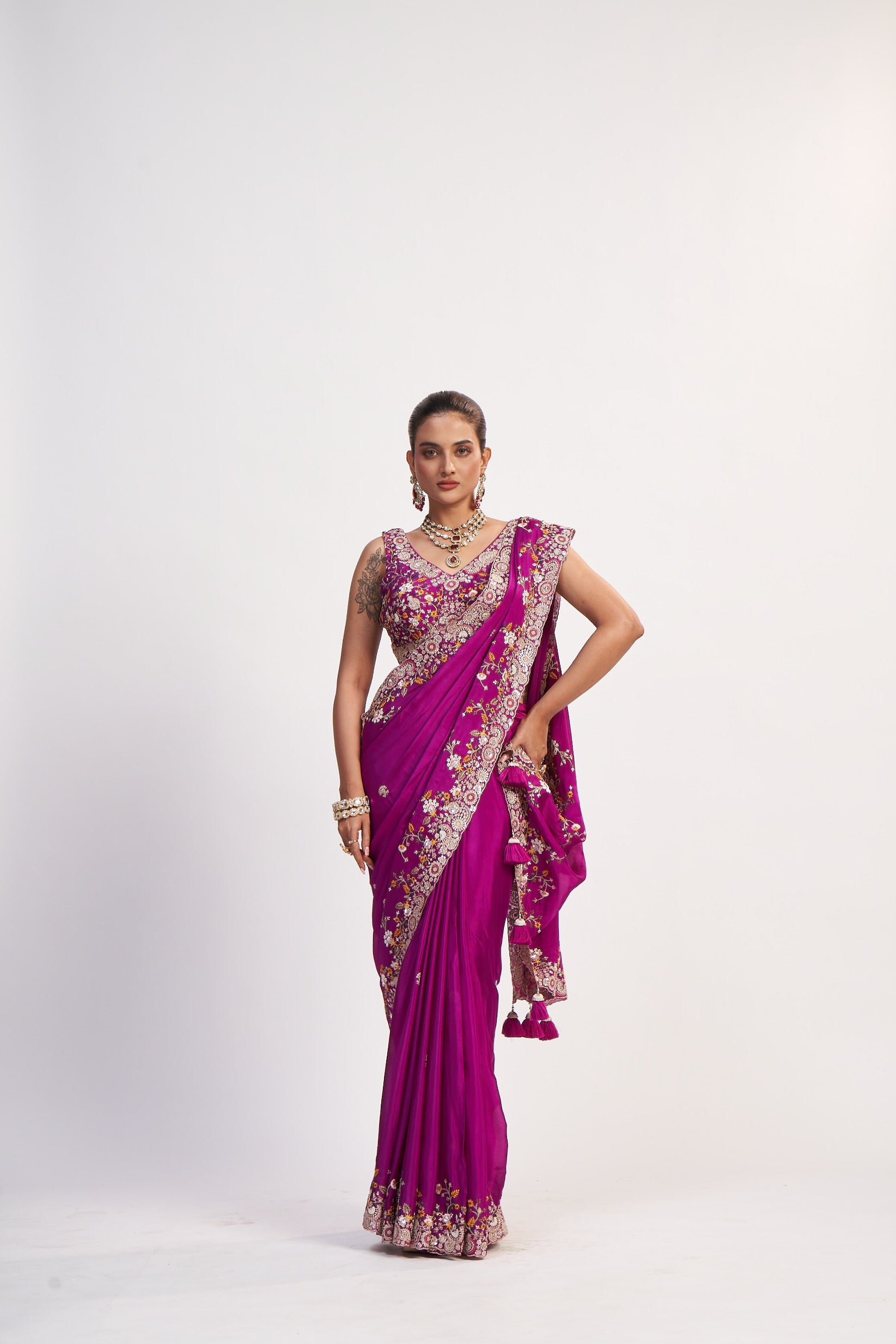 Pink Chinon Thread And Sequin Saree