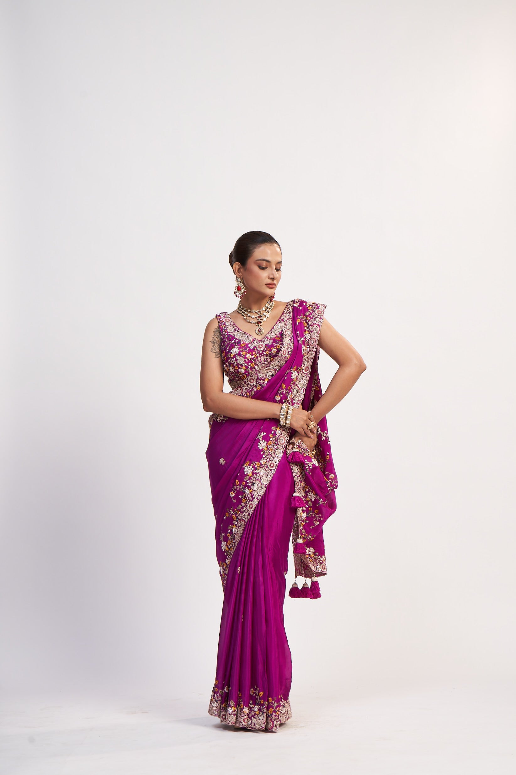 Pink Chinon Thread And Sequin Saree