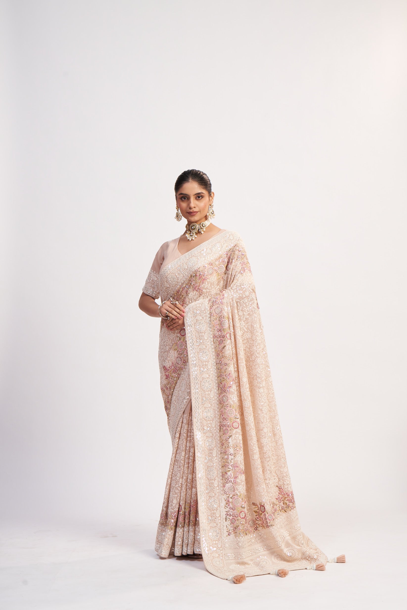 Light Pink Georgette Multi Thread Sequin Saree