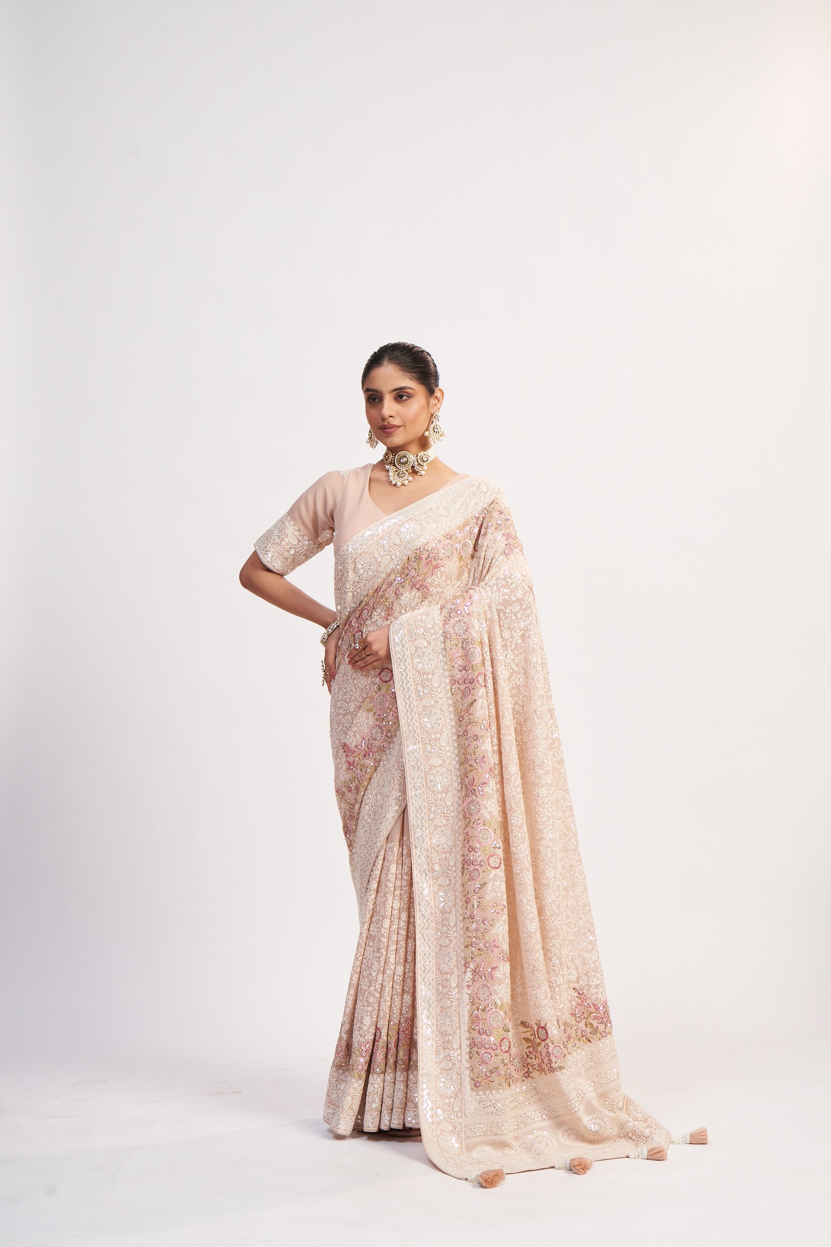 Light Pink Georgette Multi Thread Sequin Saree