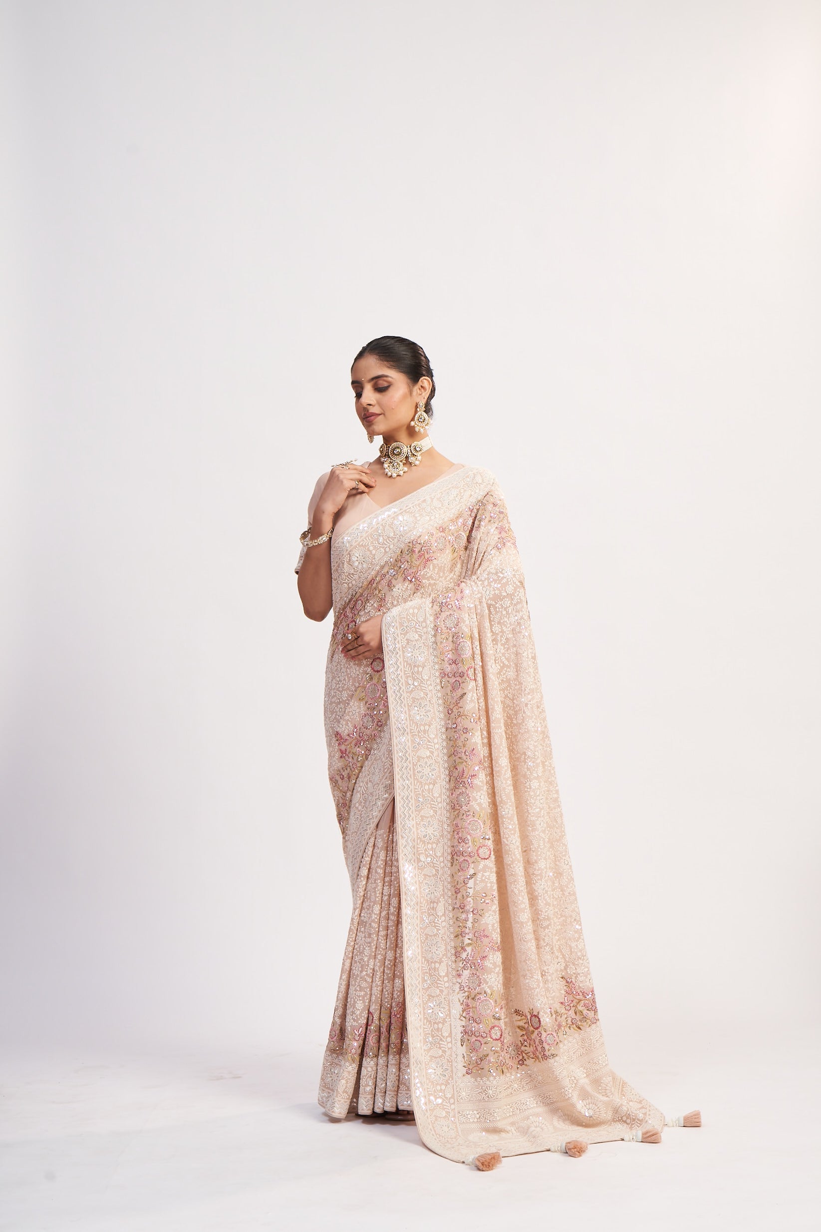 Light Pink Georgette Multi Thread Sequin Saree