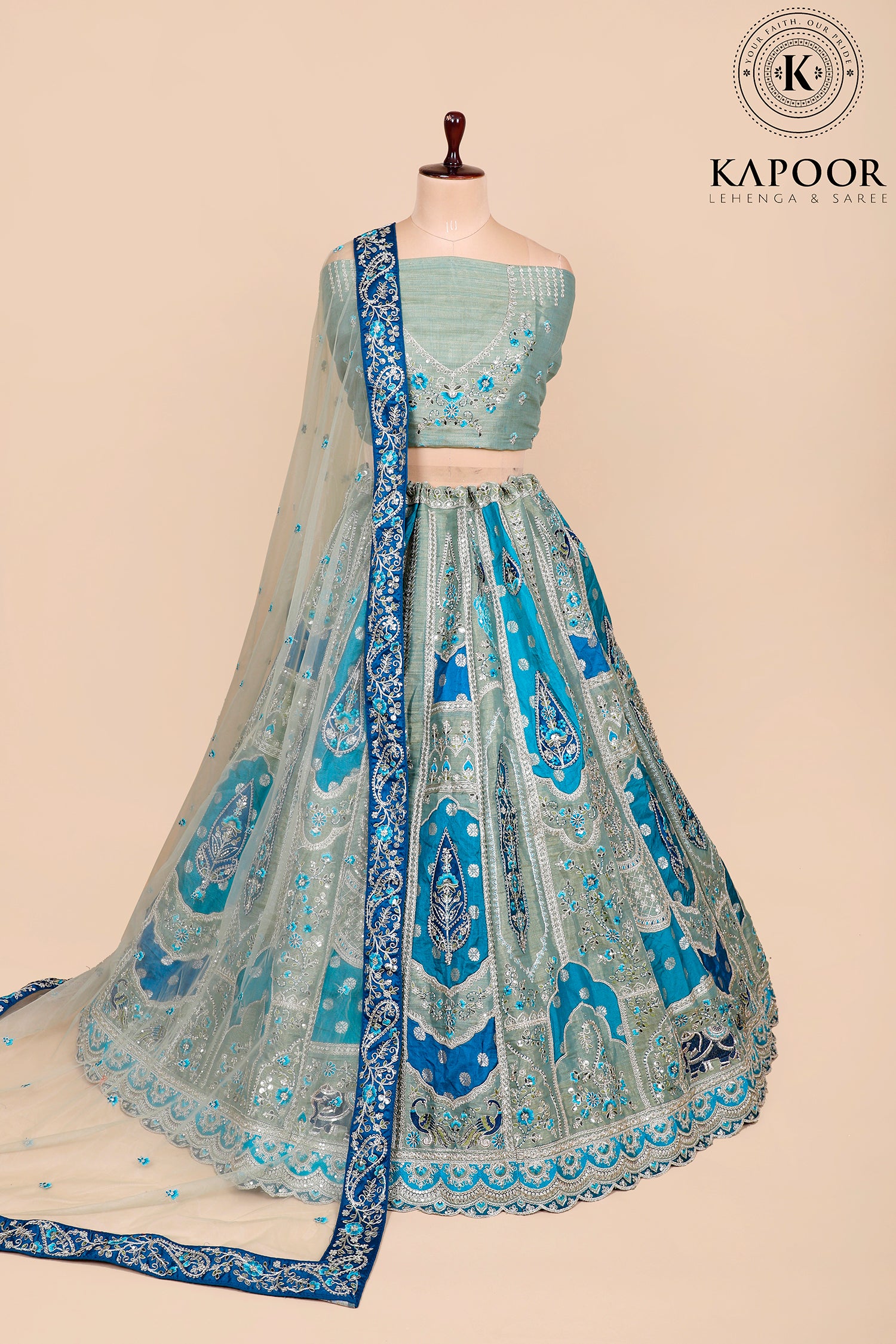 Green-Blue Silk Lehenga With Multi-Thread