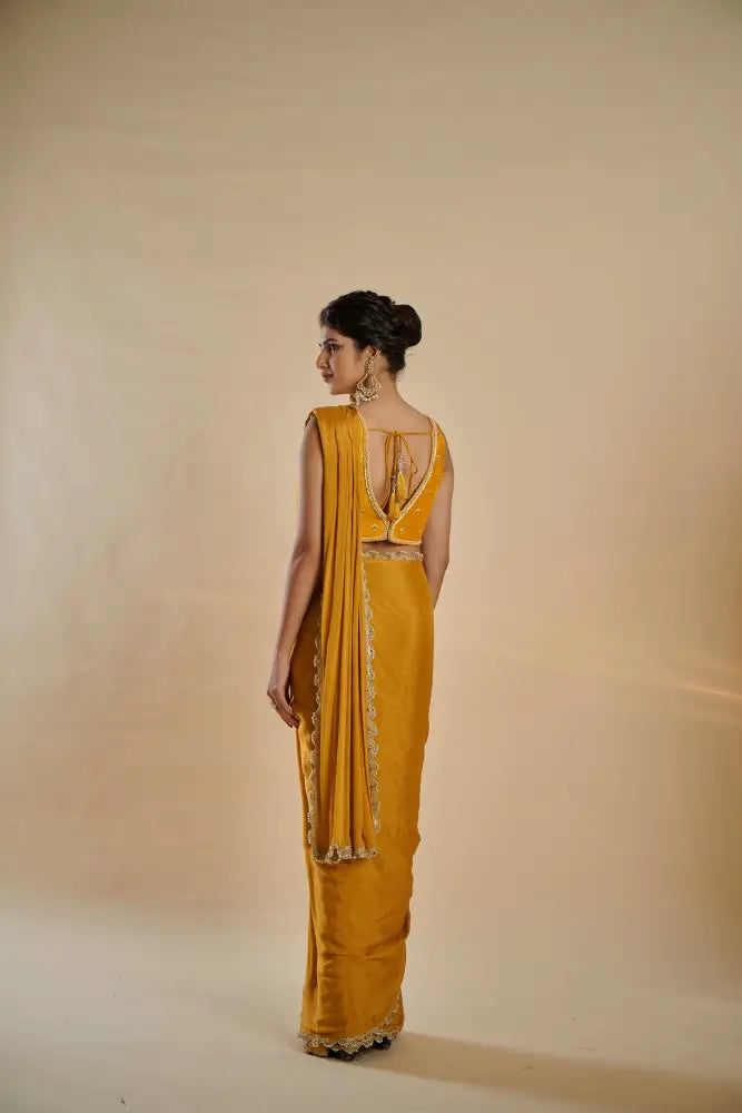 Artistic Mustard Gold Saree In Crepe Silk With Handmade Detailing Saree