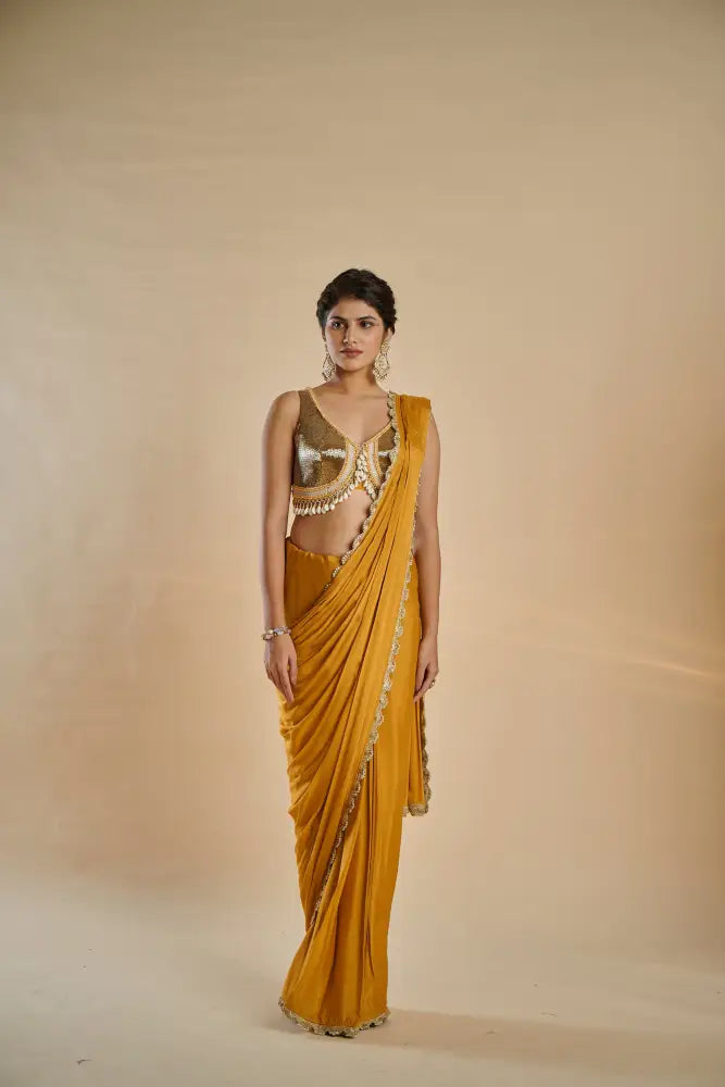 Artistic Mustard Gold Saree In Crepe Silk With Handmade Detailing Saree