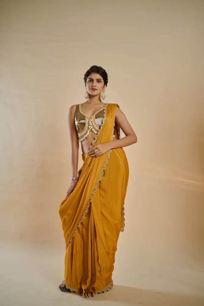 Artistic Mustard Gold Saree In Crepe Silk With Handmade Detailing Saree