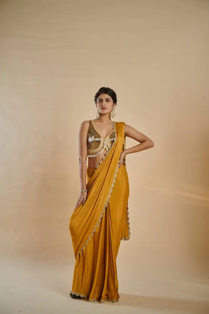 Artistic Mustard Gold Saree In Crepe Silk With Handmade Detailing Saree