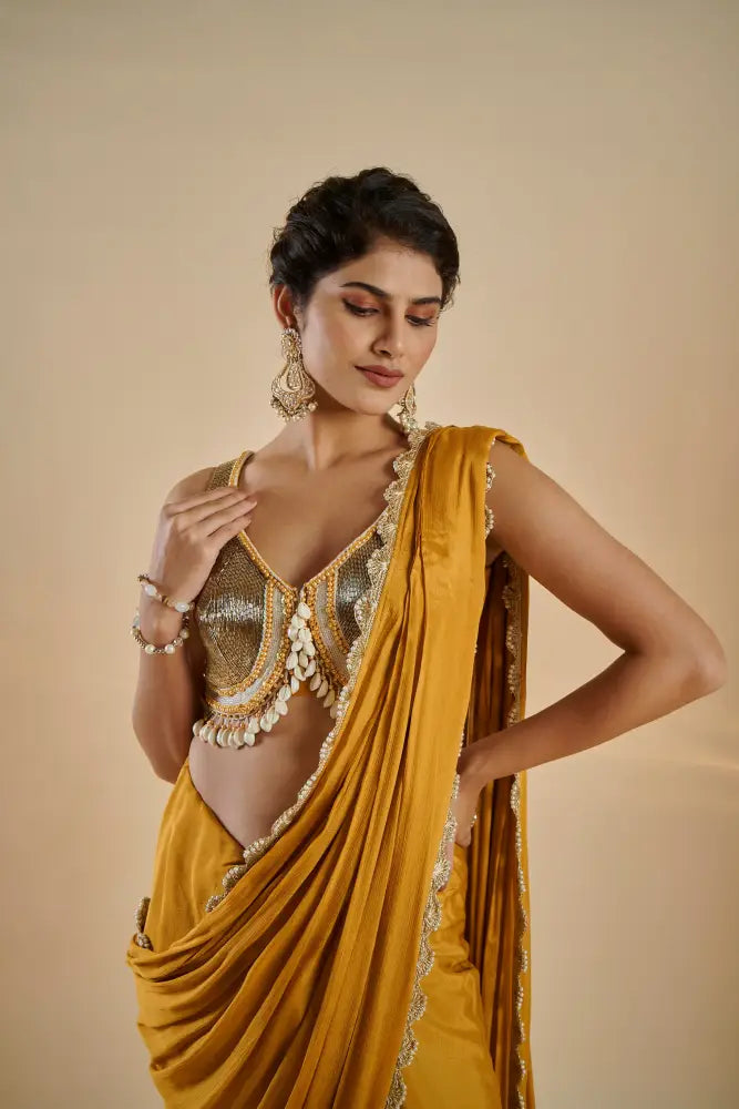 Artistic Mustard Gold Saree In Crepe Silk With Handmade Detailing Saree
