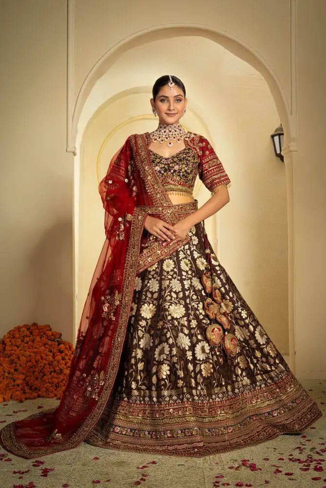 Banarasee Lehenga With Stone Handtouch Work In Rich Brown Shade Lehenga