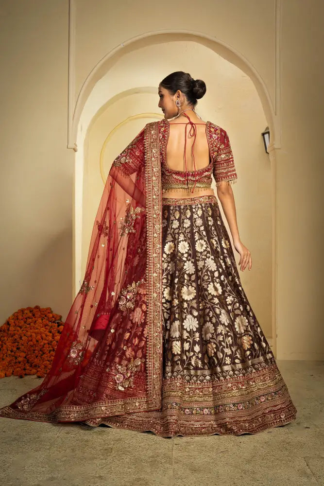 Banarasee Lehenga With Stone Handtouch Work In Rich Brown Shade Lehenga