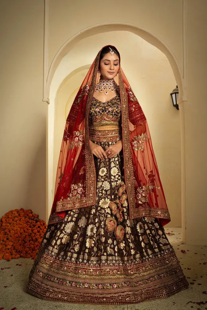 Banarasee Lehenga With Stone Handtouch Work In Rich Brown Shade Lehenga