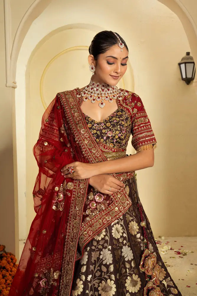 Banarasee Lehenga With Stone Handtouch Work In Rich Brown Shade Lehenga