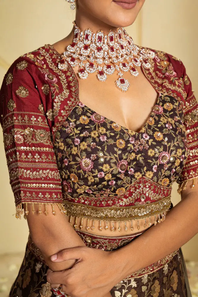 Banarasee Lehenga With Stone Handtouch Work In Rich Brown Shade Lehenga