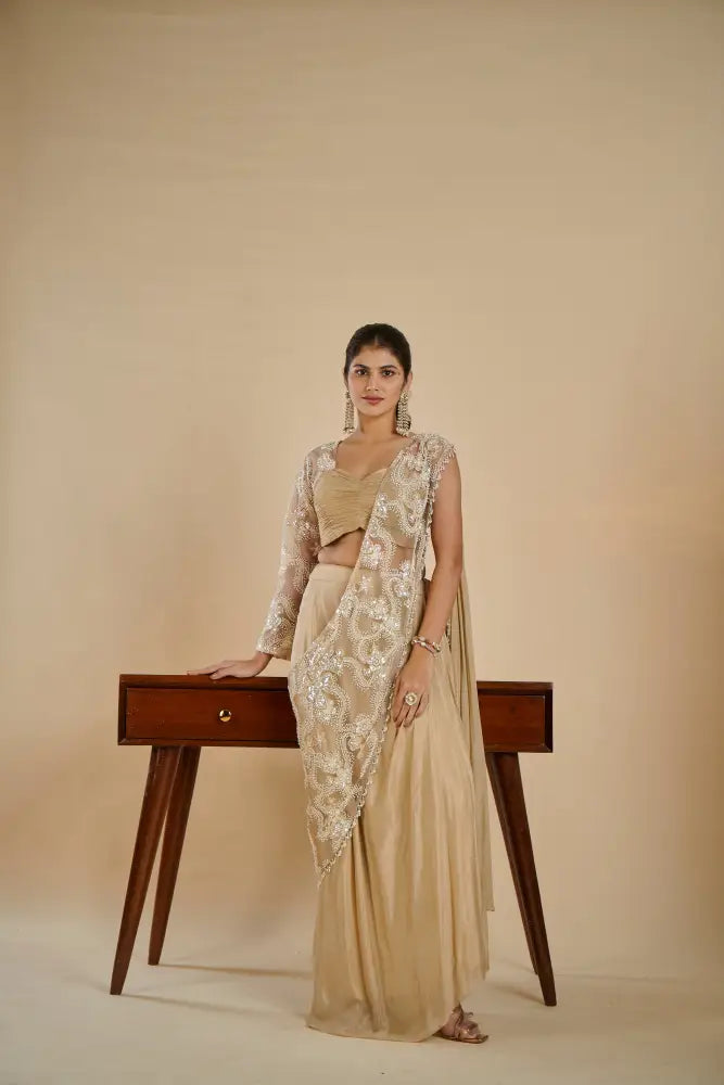 Beautiful Handcrafted Golden Saree For Festive And Wedding Wear Saree