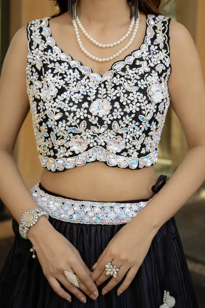 Black Lehenga With Artistic Handwork And Classic Print Lehenga