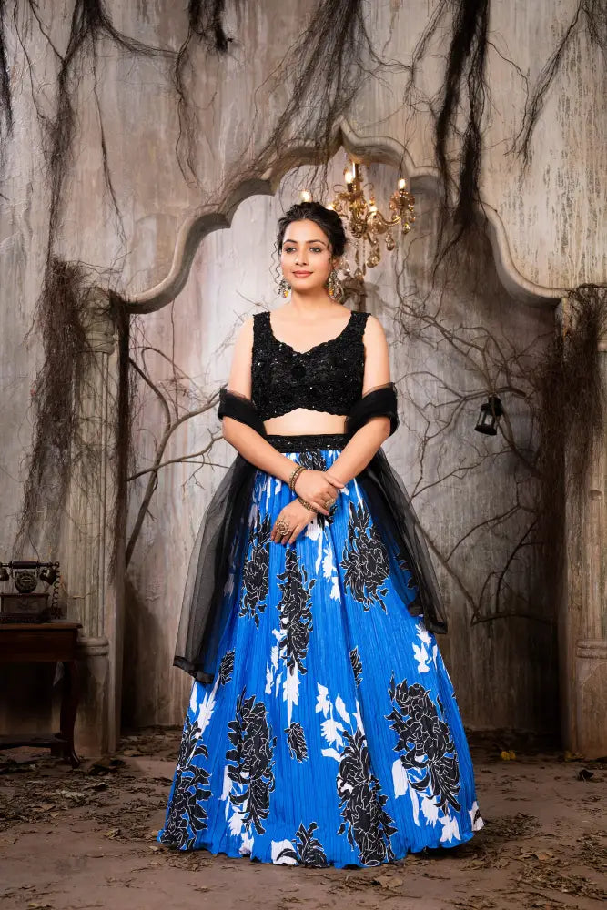 Black Printed Handwork Lehenga Choli With Dupatta For All Occasions. Lehenga