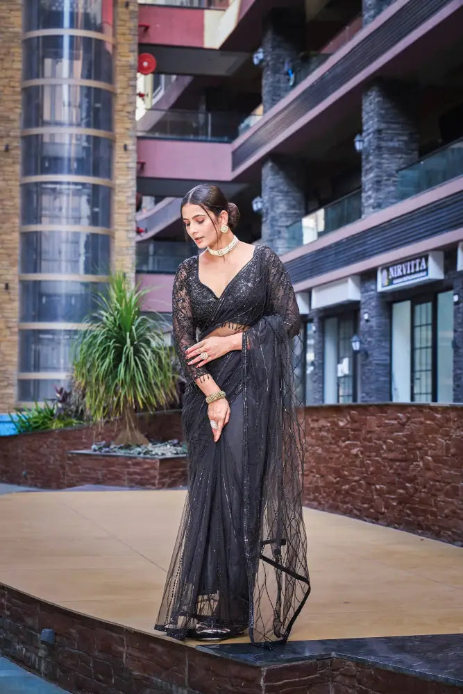 Black Ready Made Net Saree With Pul And Handwork Detailing