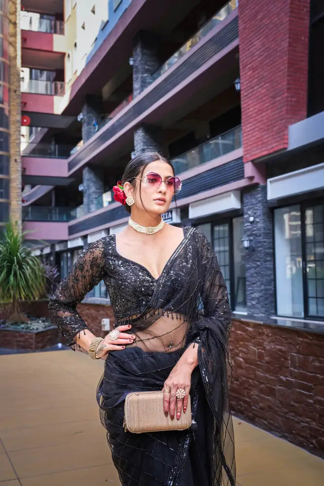 Black Ready Made Net Saree With Pul And Handwork Detailing
