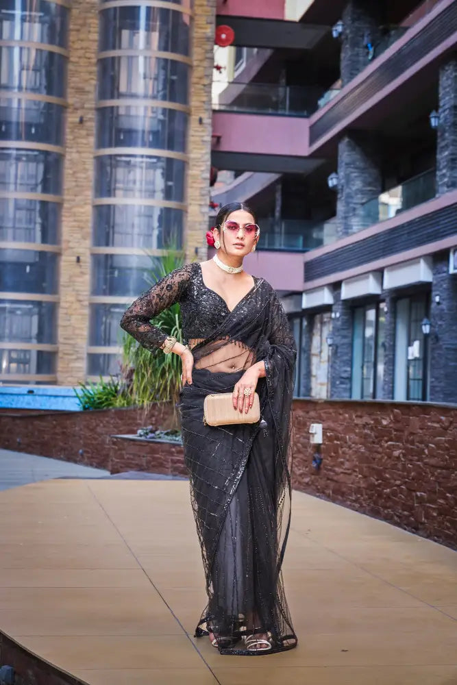 Black Ready Made Net Saree With Pul And Handwork Detailing