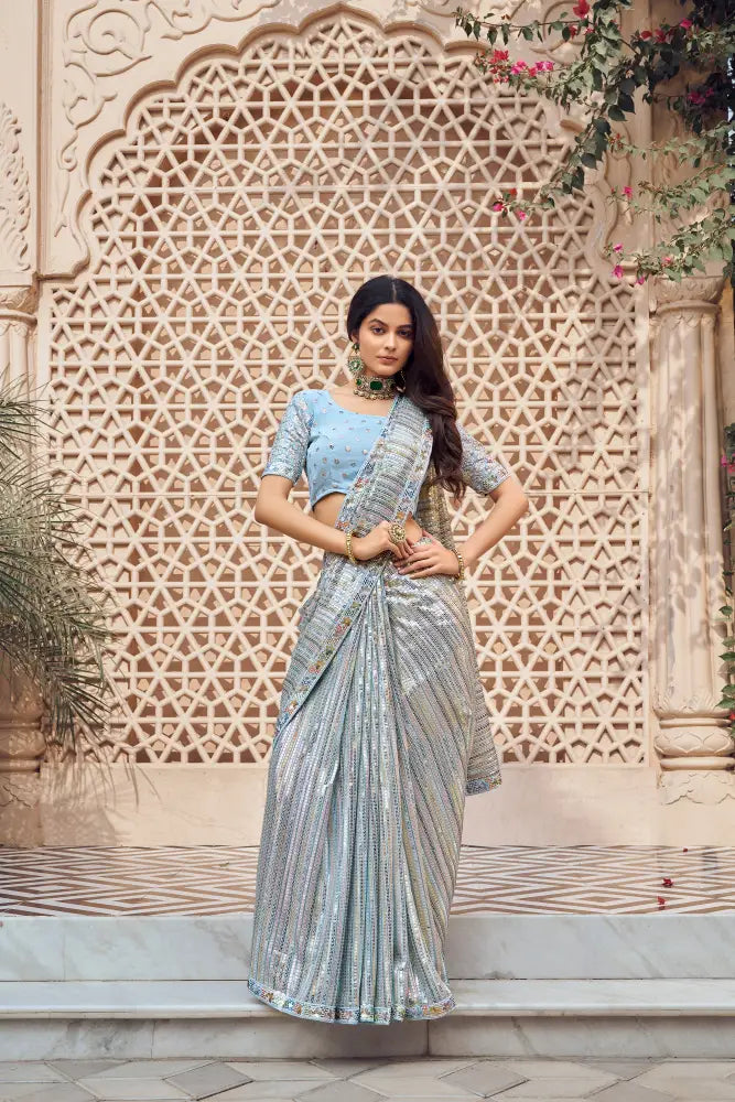 Blue Georgette Saree With Sparkling Multi Sequins Work Saree
